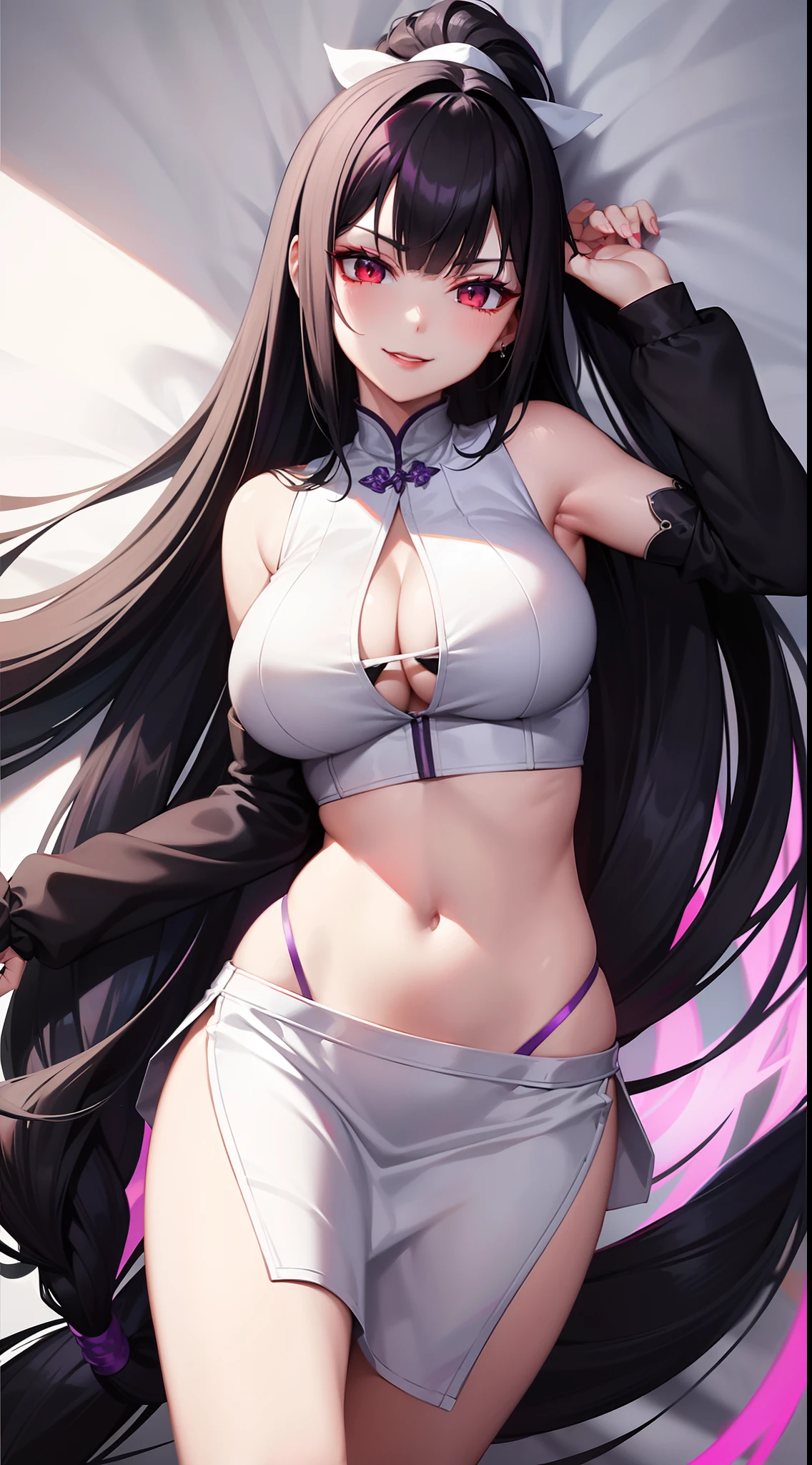 Grown-up girl, Long black hair with white strands, high ponytail, red eyes, purple lipstick, white chinese dress, Sleeveless, open breasts, open belly, smirk, Violet Flame, Masterpiece, hiquality, 4k, HD, Good detail