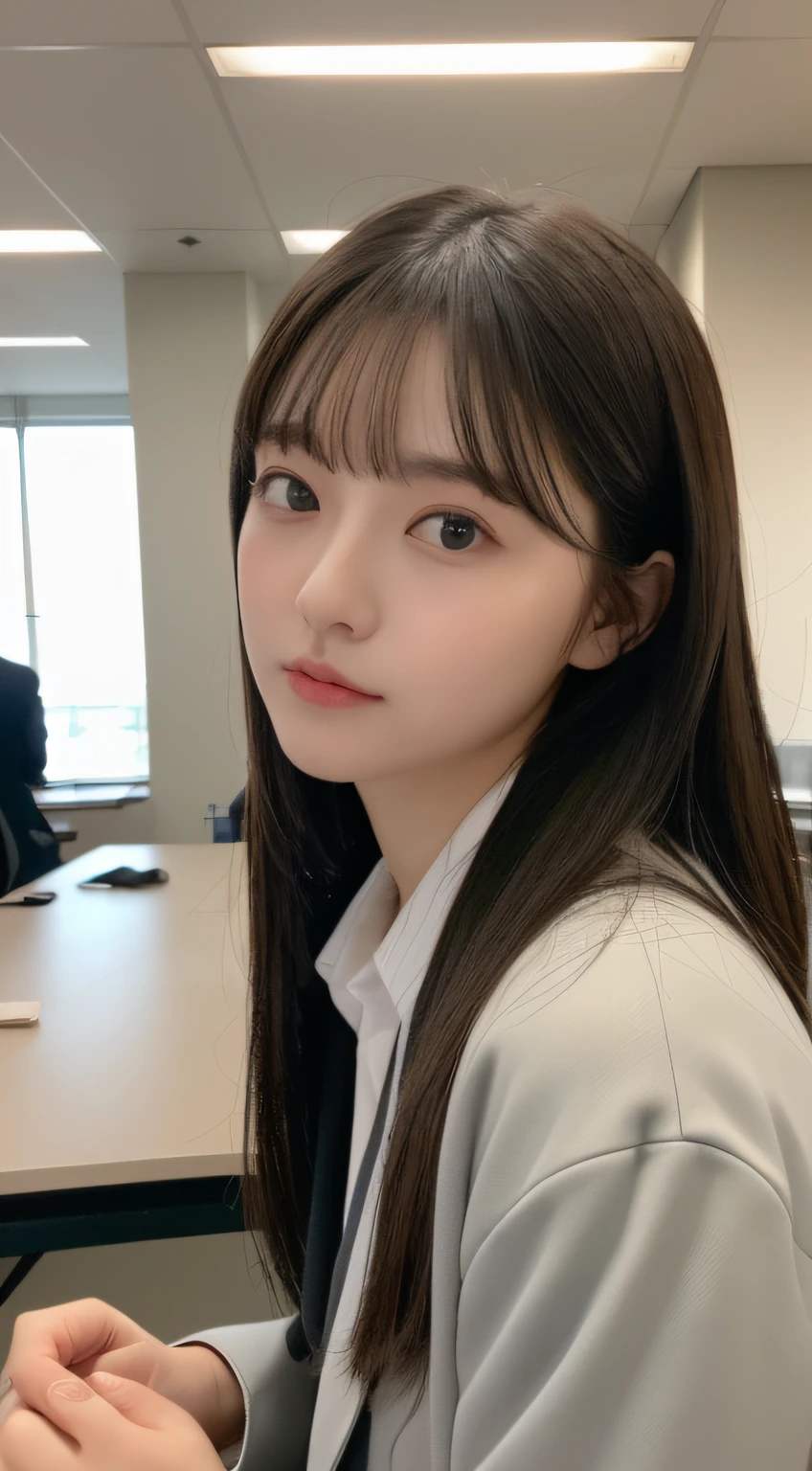 ((top-quality、8K、​masterpiece:1.5))、One girl、(Unhealthy face)、(Letter to)、Blunt bangs、(Lots of bangs:1.4)、(full body Esbian:1.4)、(Symmetrical face)、hyperdetailed face、Ultra detailed mouth、A detailed eye、Detailed ears、Slim Faces、(selfee:1.4)、(off shoulders)、(Armpit)、(Looking Up)、(From  above)、(Straight long hair、Ahoge:1.3)、(Upper Eyes)、the background is blurred、(Open jacket、dress shirts、Medium chest、Simple black suit)、lipgloss、(Office Desk)、(natural soft light:1.3)、