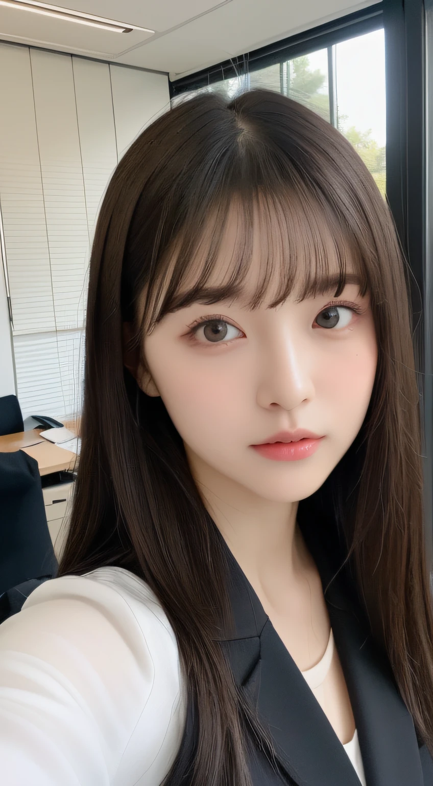 ((top-quality、8K、​masterpiece:1.5))、One girl、(Unhealthy face)、(Letter to)、Blunt bangs、(Lots of bangs:1.4)、(full body Esbian:1.4)、(Symmetrical face)、hyperdetailed face、Ultra detailed mouth、A detailed eye、Detailed ears、Slim Faces、(selfee:1.4)、(off shoulders)、(Armpit)、(Looking Up)、(From  above)、(Straight long hair、Ahoge:1.3)、(Upper Eyes)、the background is blurred、(Open jacket、dress shirts、Medium chest、Simple black suit)、lipgloss、(Office Desk)、(natural soft light:1.3)、