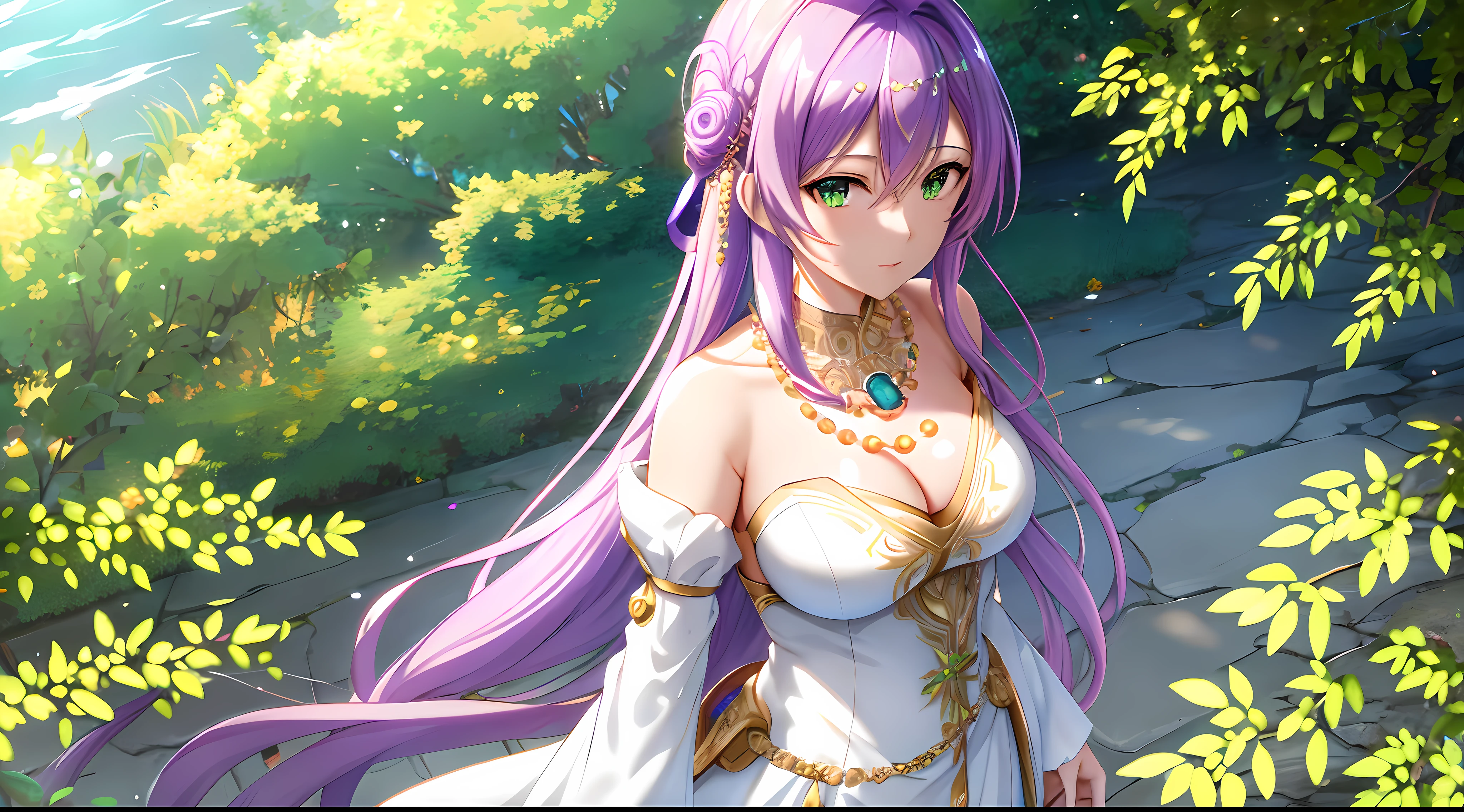 Athena with plain long light purple hair,hair between eyes,green eyes,rosy cheeks,full lips,thin eyebrows,slender body,wearing ruby crystals armor and full long skirt,praying beads on neck,beads on neck,cute anime girl,full body,cobblestone streets lush greenery in background,anime style,Lumen Reflections,Screen Space Reflections,Diffraction Grading,Chromatic Aberration,GB Displacement,Scan Lines,Ray Traced,Anti-Aliasing,FXAA,TXAA,RTX,SSAO,Shaders,OpenGL-Shaders, GLSL-Shaders,Post Processing,Post-Production,cell Shading,Tone Mapping,CGI,VFX,SFX,insanely detailed and intricate, 4K,standing, solo, masterpiece, best quality, detailed face, detailed eyes, highres, standing, solo,masterpiece, best quality