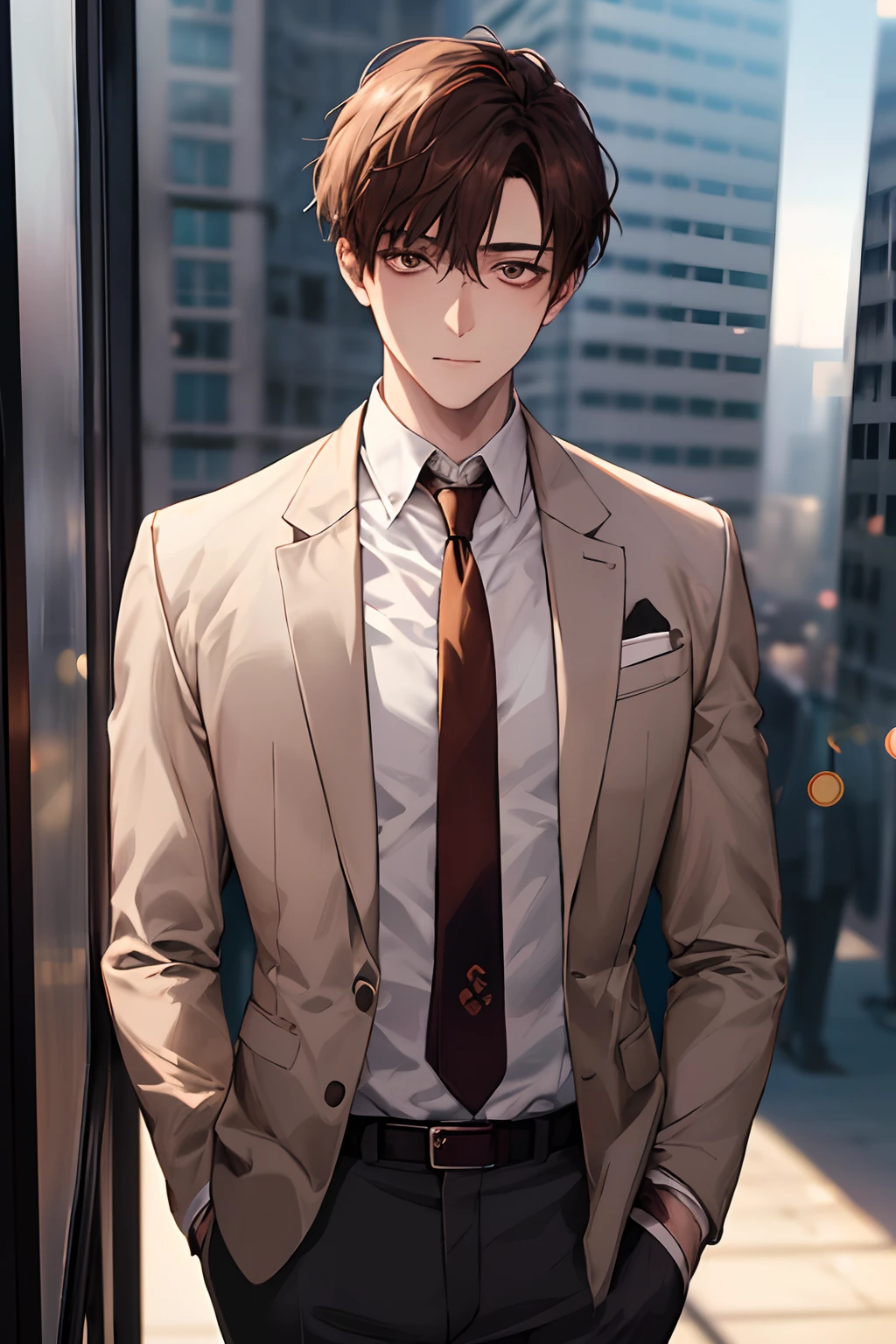1boy, face focus, adult, business suit, jacket, white shirt, brown eyes, brown hair, necktie, pants, best quality, hires, detailed face, office, buildings from window, detailed background, diffused sunlight, depth of field, bokeh
