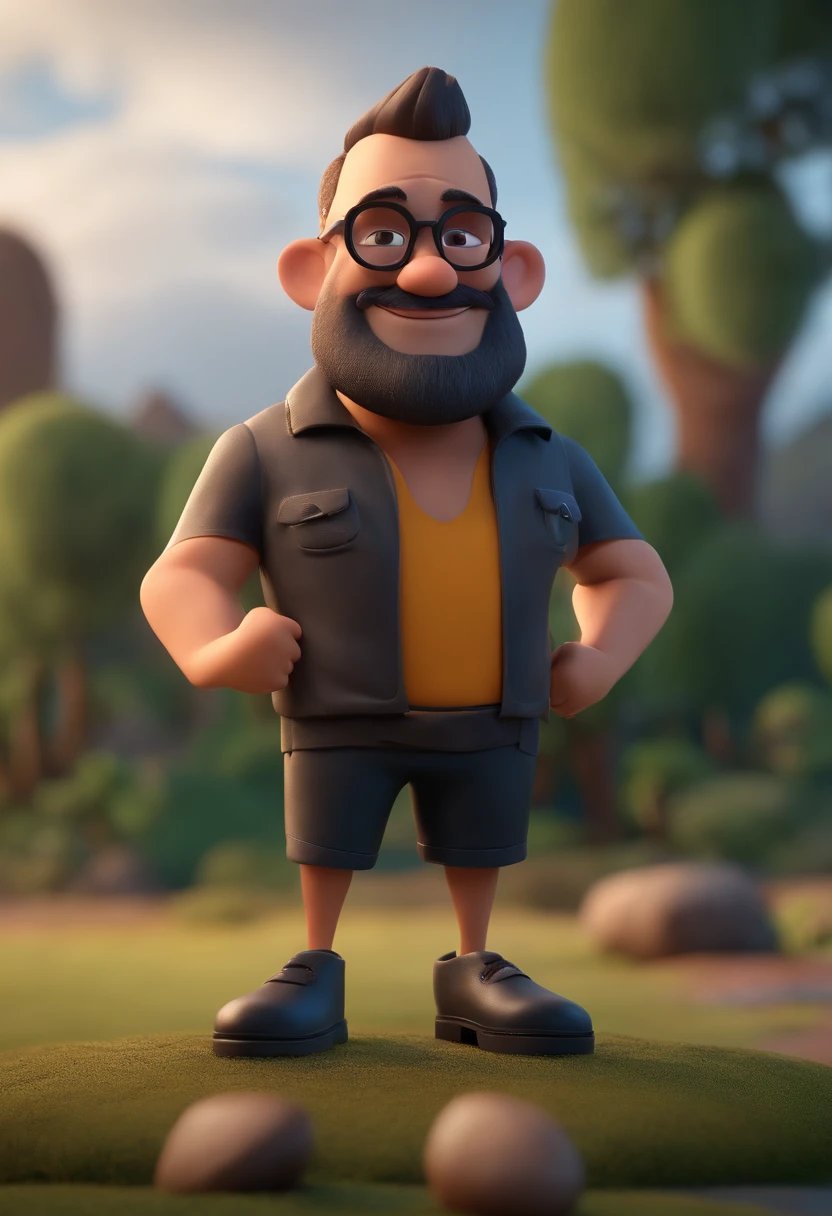 Cartoon character of a man with a shaved head and a big closed beard, with black glasses and black shirt, animation character, Caractere estilizado, animation style rendering, 3D estilizado, Arnold Maya render, 3 d render stylized, toon render keyshot, Personagem 3D, Personagem 3D, 3d rendering stylized, 3 d character render, personagem de desenho animado, Personagem de close up, Pose de personagem, (Estilo Pixar) (master part:1.2) (Bokeh) (best quality) (pele detalhada) (textura detalhada) (8k) (argila) (Cinematic lighting) (foco nítido)