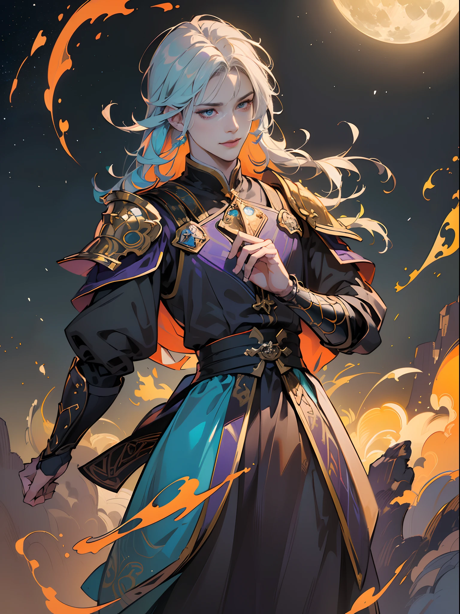 (absurdres, highres, ultra detailed), 1 male , young, handsome, tall muscular guy, broad shoulders, long white hair with bangs, orange eyes, dragon horns on head, smirking expression, sunset long sleeves, finely detailed eyes and detailed face, extremely detailed CG unity 8k wallpaper, intricate details, (style-swirlmagic:0.8), portrait, looking up, solo, half shot, detailed background, (warhammer fantasy theme:1.1) sinster, focusing, pursed lips, sorcrer, casting spell, hovering in air, (color waves), floating crystals, dynamic pose, color robe, hair flowing in the wind, arcane spell, mana, grim dark realistic lighting, moon background.)