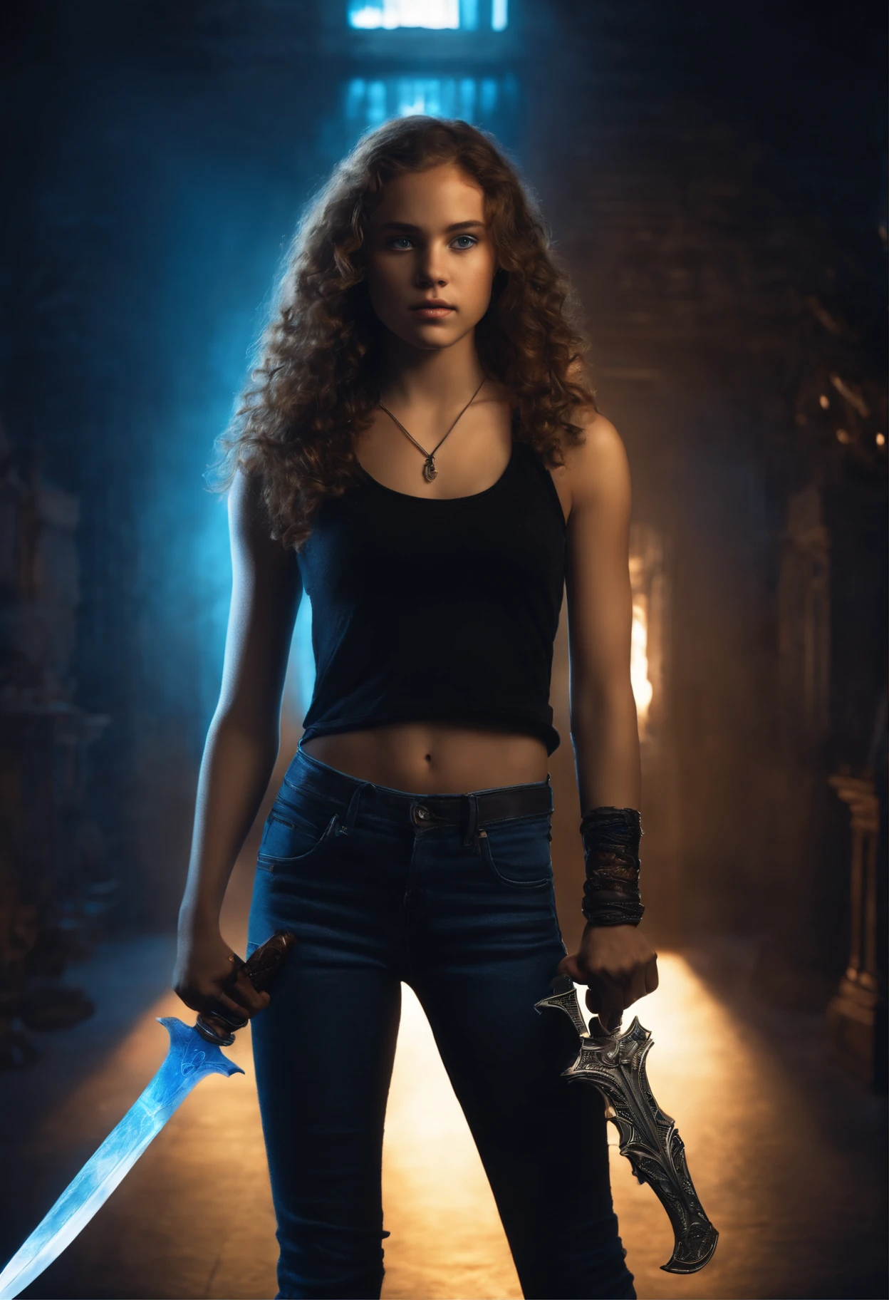 age girl with light skin and glowing blue eyes with no irises and brown curly hair with scars and wearing a black tank top and jeans holding a dagger standing in a dark room with blue lighting. Ghost like figure of a teenboy in the background. Bright colors. Book cover.