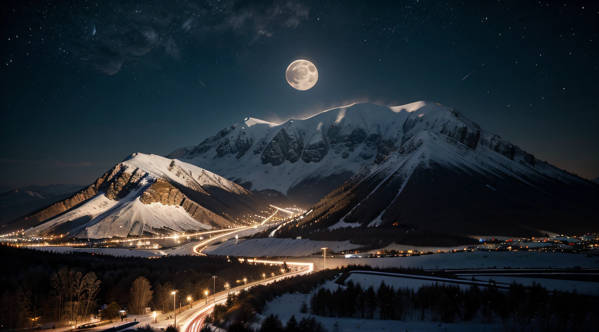 Full moon night bosuqe mountain hyperrealism, universe