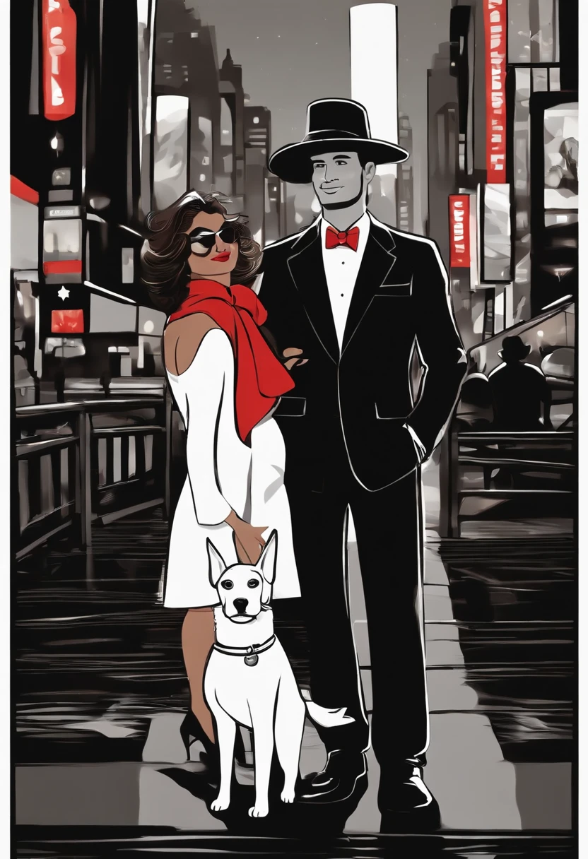 Pixar Animation Style Banner, homem 30 anos, com cabelo curto alto preto e branco grisalho, com barba preta e branca grisalha, wearing a wide-brimmed black hat, vestindo camiseta listrada em preto e branco, com jaqueta vermelha de couro, black pant, bota preta, andando feliz, at night in Times Square in New York at night with a white Maltese dog with a red bow on her head