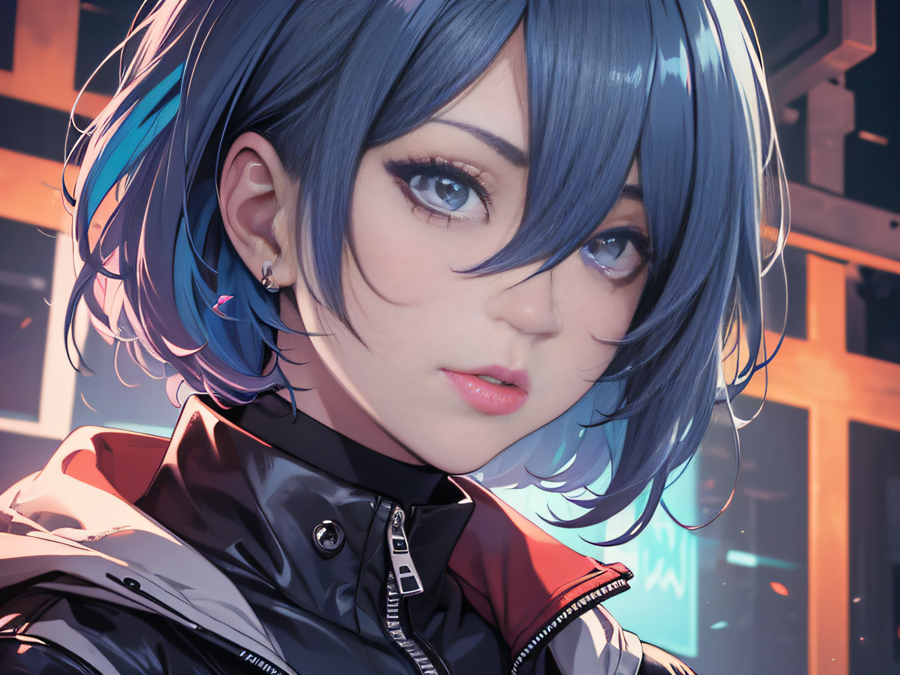 (masterpiece,detailed,highres:1.4) , model shot, close up, detailed face, fine detailed eyes,, (kirishima touka),blue middle hair,ghoul eye,retro jacket,Tokyo Ghoul,retrofuturism background, vibrant colours, hdr,, ,