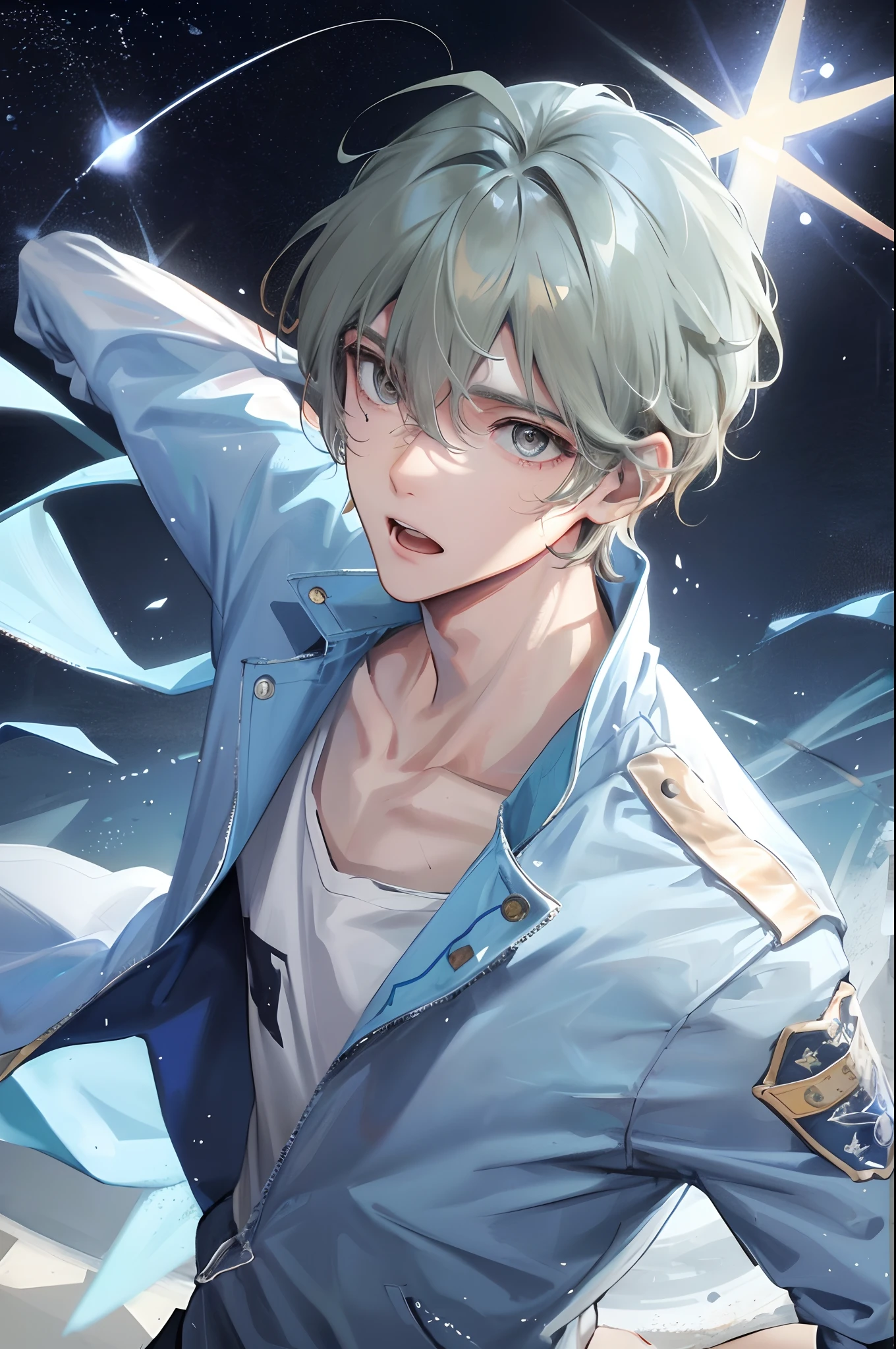 1 boy,Hair is light brown,The bangs are slightly longer over the eyes,with fair skin,Thin and tall,Cool sporty dress,Always wear a solid T-shirt with sweatpants and sneakers。Looks like a sunny and cheerful high school student