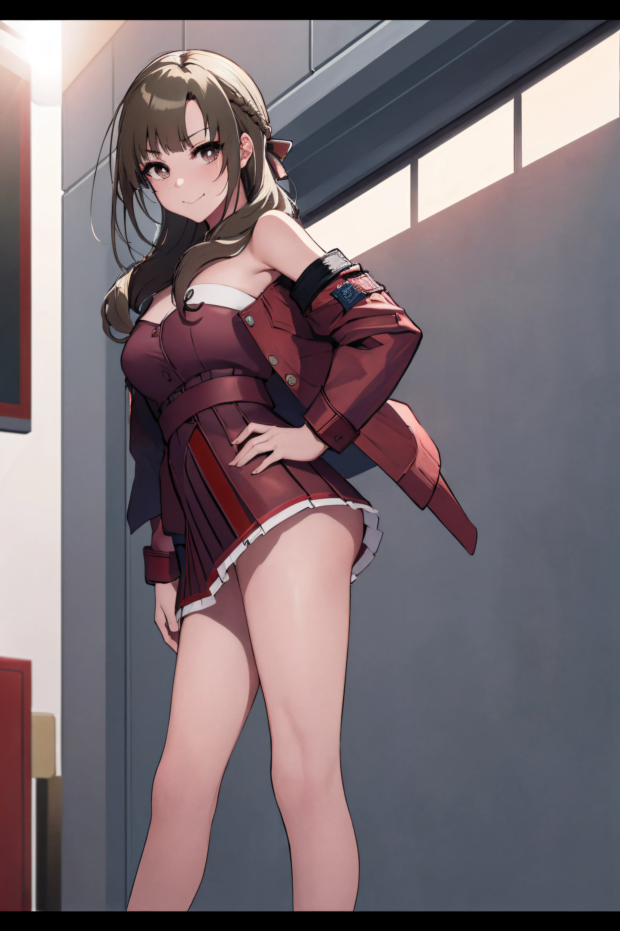 (masterpiece, best quality:1.2), cowboy shot, solo, 1girl, oosuki mamako,seductive smile, closed mouth, looking at viewer,pose, hand on hip,angry, pov,large breast ,hair ribbon, oosukidef, strapless, lace-up boots, military, military uniform, pleated skirt, (red jacket:1.5), skirt, thighhighs, uniform, white thighhighs, white ribbon, buttons, (sleevesless:1.5),NSFW,official art,extremely detailed CG unity 8k wallpaper, perfect lighting, (masterpiece:1.0),(best_quality:1.0), ultra high res,4K,ultra-detailed, photography, 8K, HDR, highres, absurdres:1.2, Kodak portra 400, film grain, blurry background, bokeh:1.2, lens flare, (vibrant_color:1.2),(beautiful_face:1.5),(narrow_waist),(perfect hands, perfect anatomy),