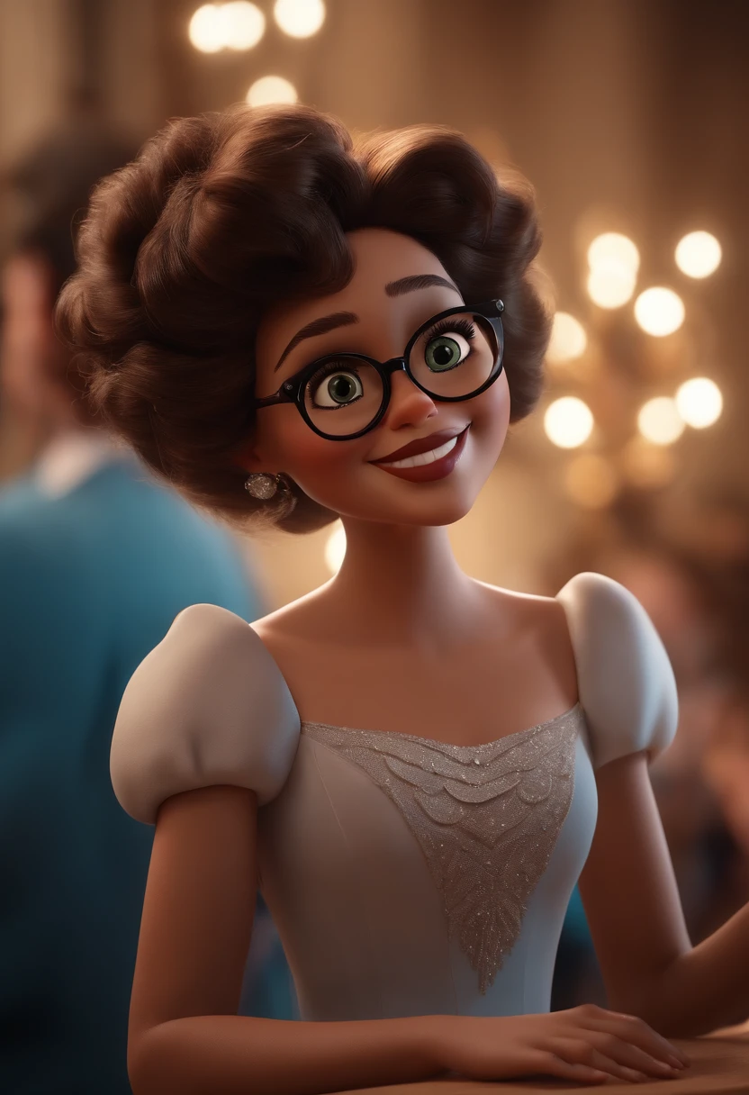 (best quality,4k,8k,Altas,master part:1.2),ultra-detalhado,(Realistic,fotorrealista,photo-realistic:1.37),Renderizado em 3D, Estilo Pixar, mulher bonita detalhada de olhos castanhos, cabelos curtos e cacheados, wearing white glasses, Dancing, Disney-themed makeup, fofo, sorridente, Foto em close-up, Personagens da Pixar e Disney, Cinematic lighting