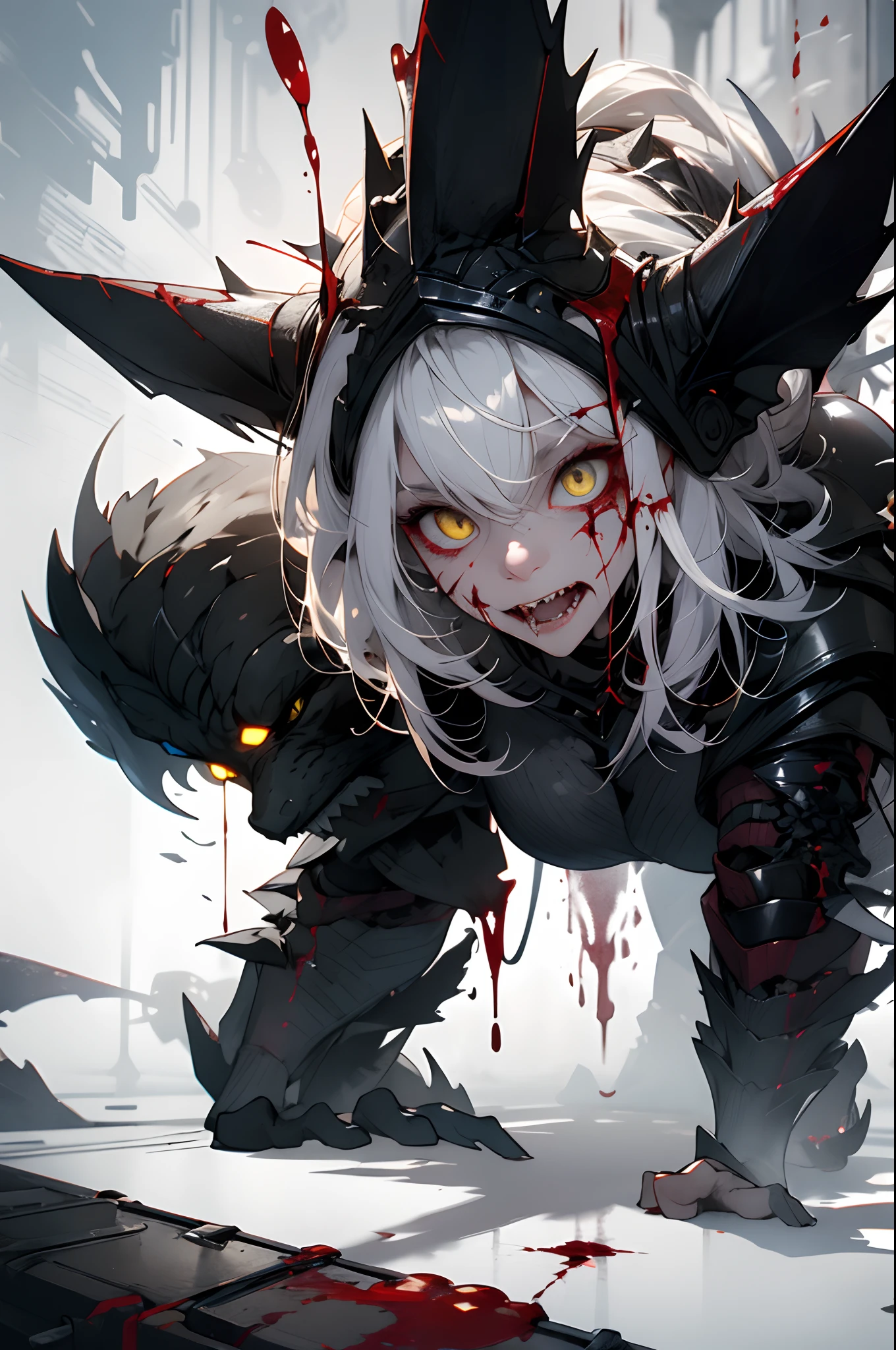 Vicious white cat,Dull yellow eyes,Close-up of extreme body details,White fangs,Sharp claws,Lie on the ground,blood-stained armor,The armor is tattered,Blood dripping,Blood dripped from the corners of the mouth,True blood,Full body like,Prepare to pounce upwards,Phlegm sputum, phlegm