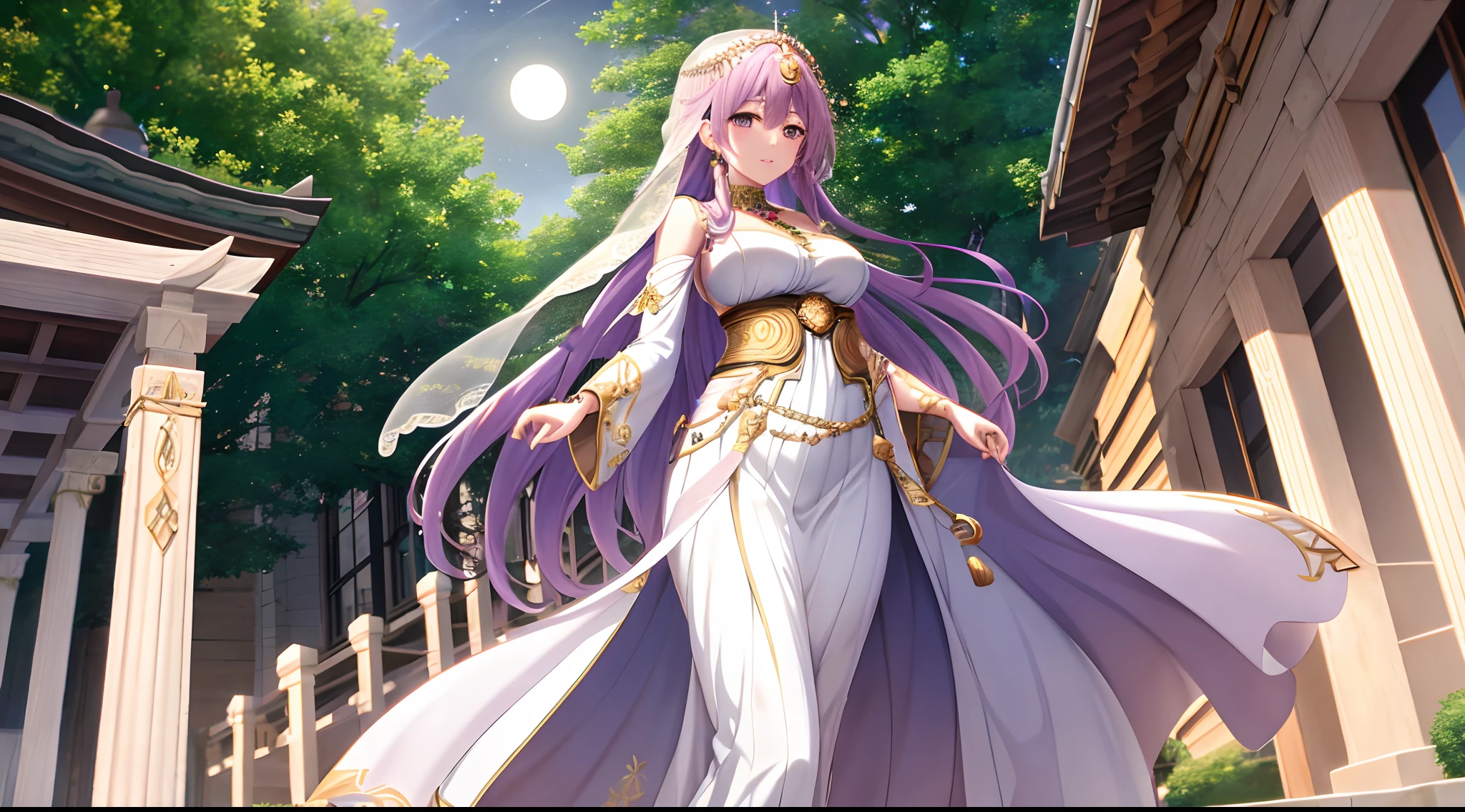 Athena with plain long light purple hair,hair between eyes,green eyes,rosy cheeks,full lips,thin eyebrows,slender body,wearing flowing veil and robes adorned with moon and star motifs and full long skirt,praying beads on neck,beads on neck,cute anime girl,full body,cobblestone streets lush greenery in background,anime style,Lumen Reflections,Screen Space Reflections,Diffraction Grading,Chromatic Aberration,GB Displacement,Scan Lines,Ray Traced,Anti-Aliasing,FXAA,TXAA,RTX,SSAO,Shaders,OpenGL-Shaders, GLSL-Shaders,Post Processing,Post-Production,cell Shading,Tone Mapping,CGI,VFX,SFX,insanely detailed and intricate, 4K,standing, solo, masterpiece, best quality, detailed face, detailed eyes, highres, standing, solo,masterpiece, best quality