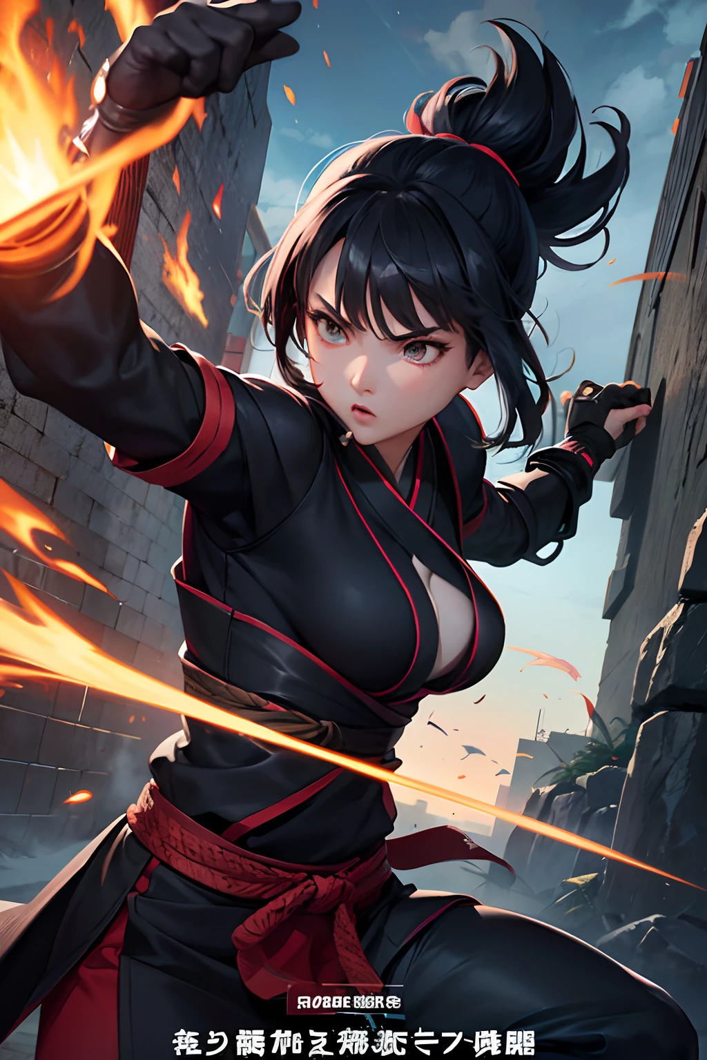 A female ninja is throwing shuriken