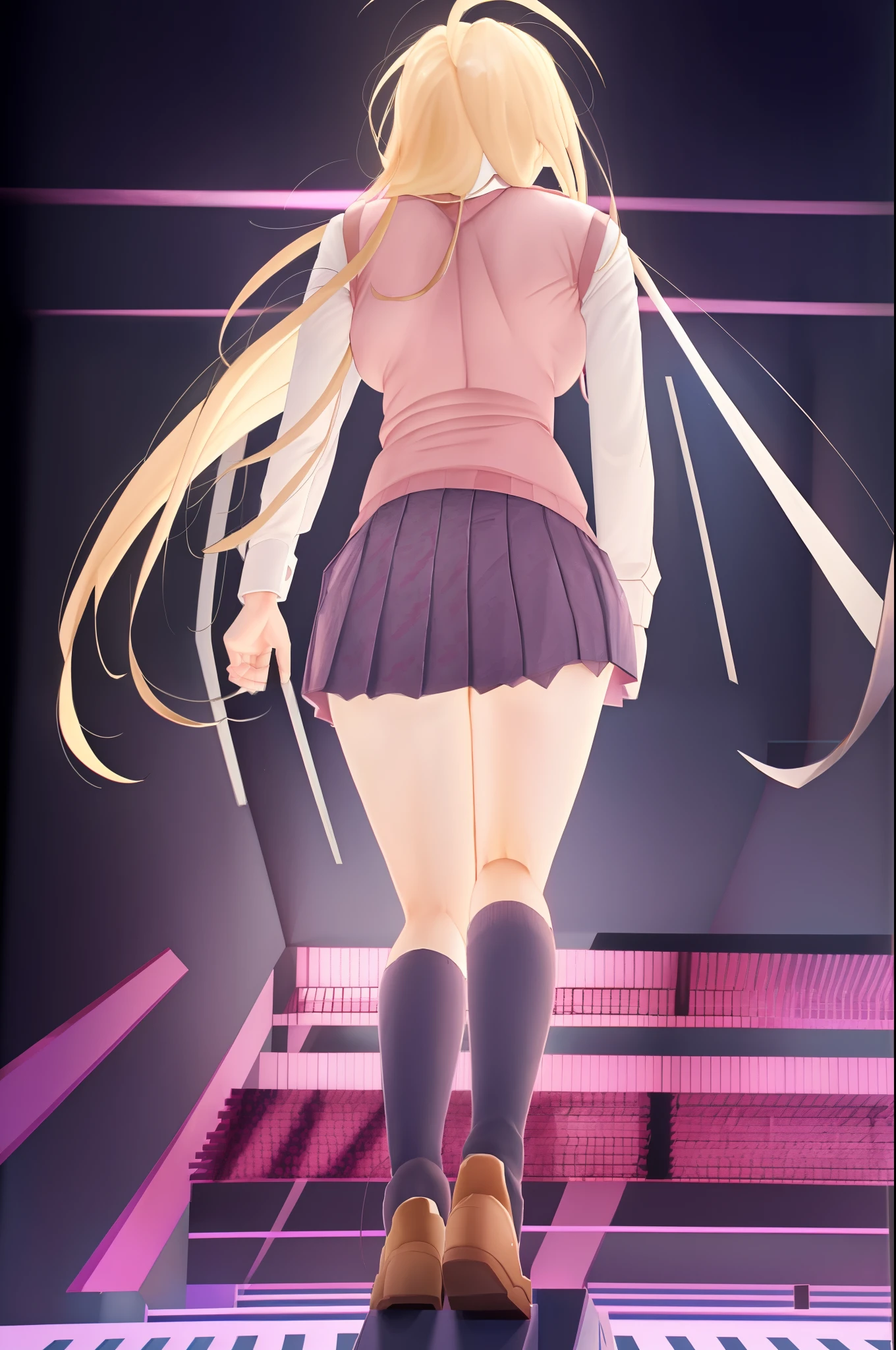 Masterpiece, Best Quality, KaedeDG, 1girl, necktie, sweater vest, breasts, shirt, long sleeves, solo, backpack, beamed eighth notes, white shirt, collared shirt, medium breasts, school uniform, angry, solo, (full body:1.5), (from behind:1.5), (from below:1.5), (pretty butt:0.9), heavy wind,