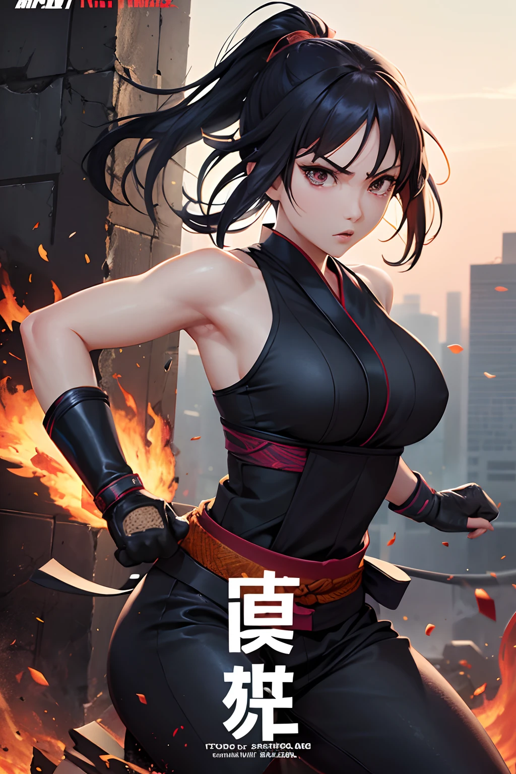 In the style of a ninja movie poster、Movie Title、A kunoichi who breaks through the wall with a furious dash and runs through it