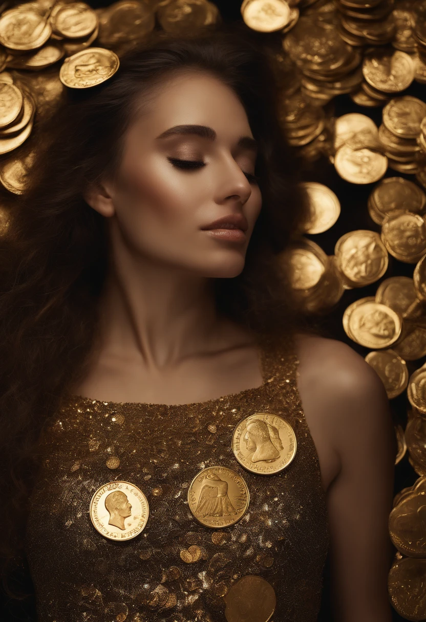 foto de arte, a photograph of a crying young woman plastered with gold dollar coins, air shot, luz solar deslumbrante, intrincado, espalhafatoso, translucent, Medium Scene, estilo de arte grotesco, extremamente criativo, simples e misterioso, alta qualidade, 8k