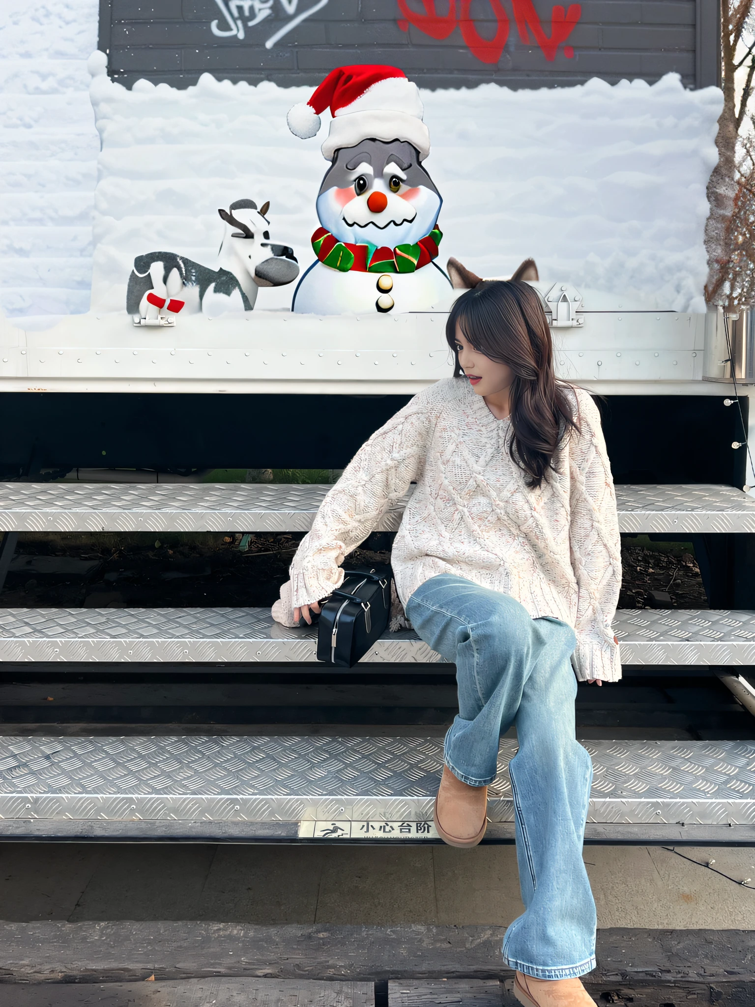 A brown husky and a gray schnauzer,They all wear Santa hats,Stand next to a snowman,in graffiti style