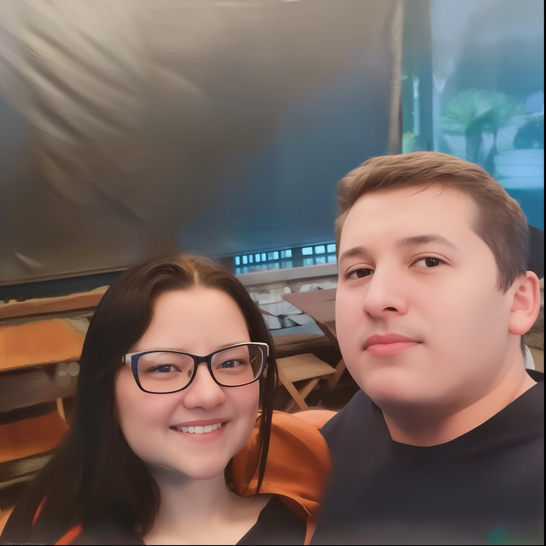 There are two people who are posing for a photo together, Directed by: Nandor Soldier, foto de perfil 1024px, imagem de perfil, Fotografia tirada em 2 0 2 0, foto do perfil, foto de perfil headshot, vacation photo, Casal feliz, uma imagem, album photo, taken in the early 2020s, foto de baixa qualidade, imagem do avatar , incluir 5 gatos fofinhos na imagem estilo pixar