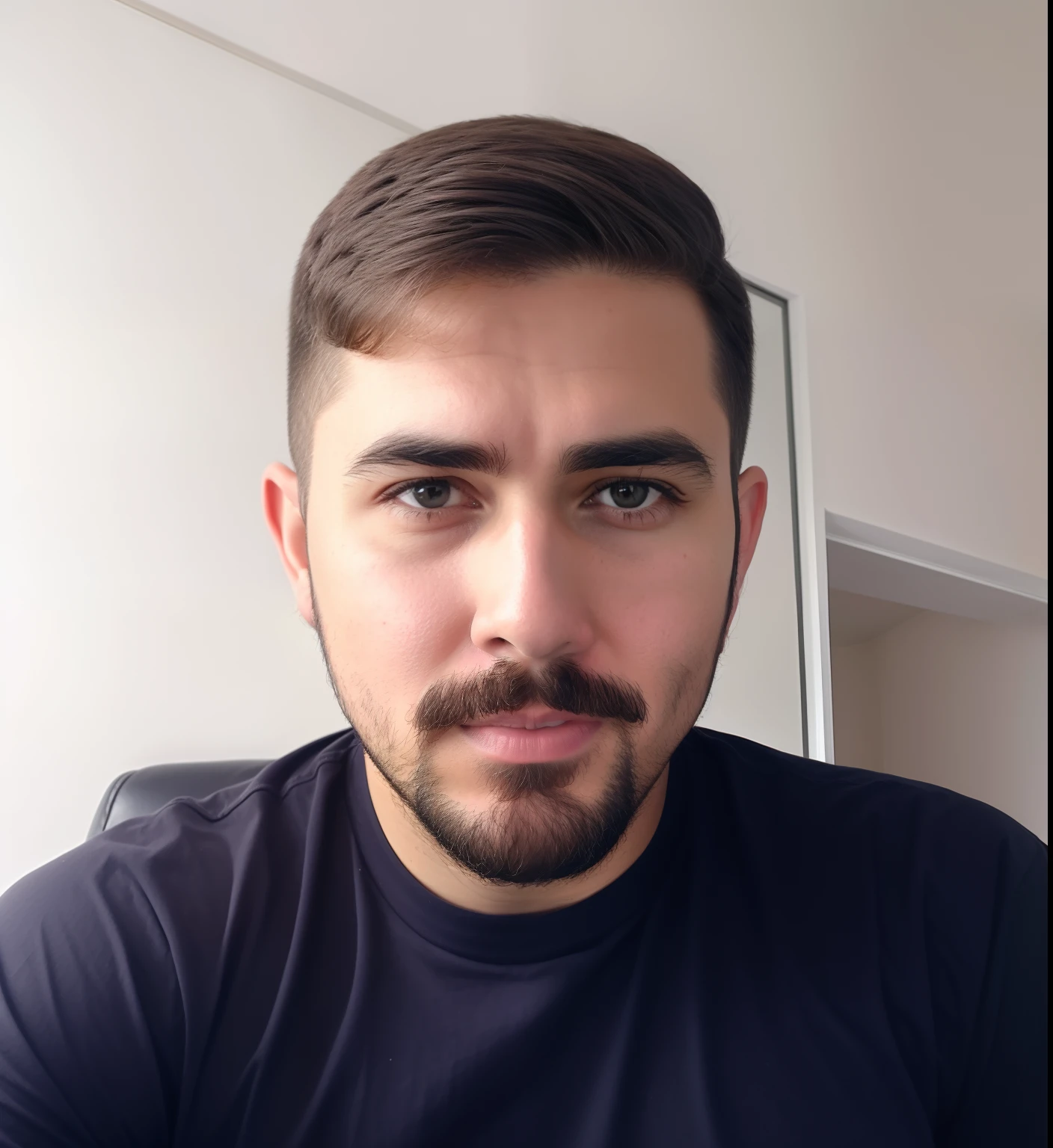 Young adult with image from chest to head,  com cabelos escuros, penteados ondulados para a esquerda, com pouca barba e bigode, braco de camiseta preta.