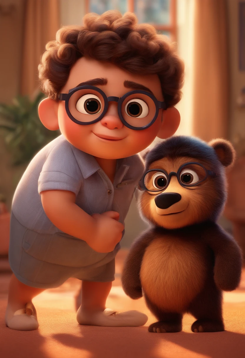 estilo desenho animado, Pixar, wearing round glasses, segurando um urso de pelucia, roupa de escoteiro,