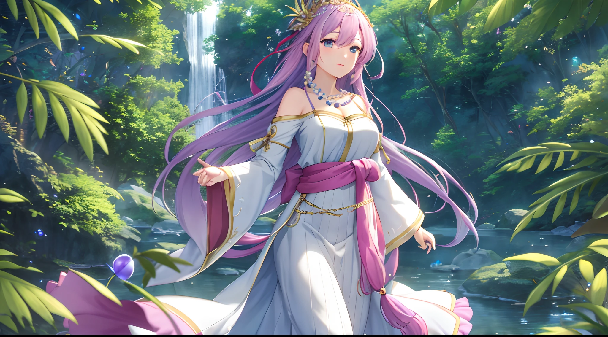 Athena with plain long light purple hair,hair between eyes,green eyes,rosy cheeks,full lips,thin eyebrows,slender body,wearing Robes adorned with pearl motifs and full long skirt,praying beads on neck,beads on neck,cute anime girl,full body,waterfall lush greenery in background,anime style,Lumen Reflections,Screen Space Reflections,Diffraction Grading,Chromatic Aberration,GB Displacement,Scan Lines,Ray Traced,Anti-Aliasing,FXAA,TXAA,RTX,SSAO,Shaders,OpenGL-Shaders, GLSL-Shaders,Post Processing,Post-Production,cell Shading,Tone Mapping,CGI,VFX,SFX,insanely detailed and intricate, 4K,standing, solo, masterpiece, best quality, detailed face, detailed eyes, highres, standing, solo,masterpiece, best quality