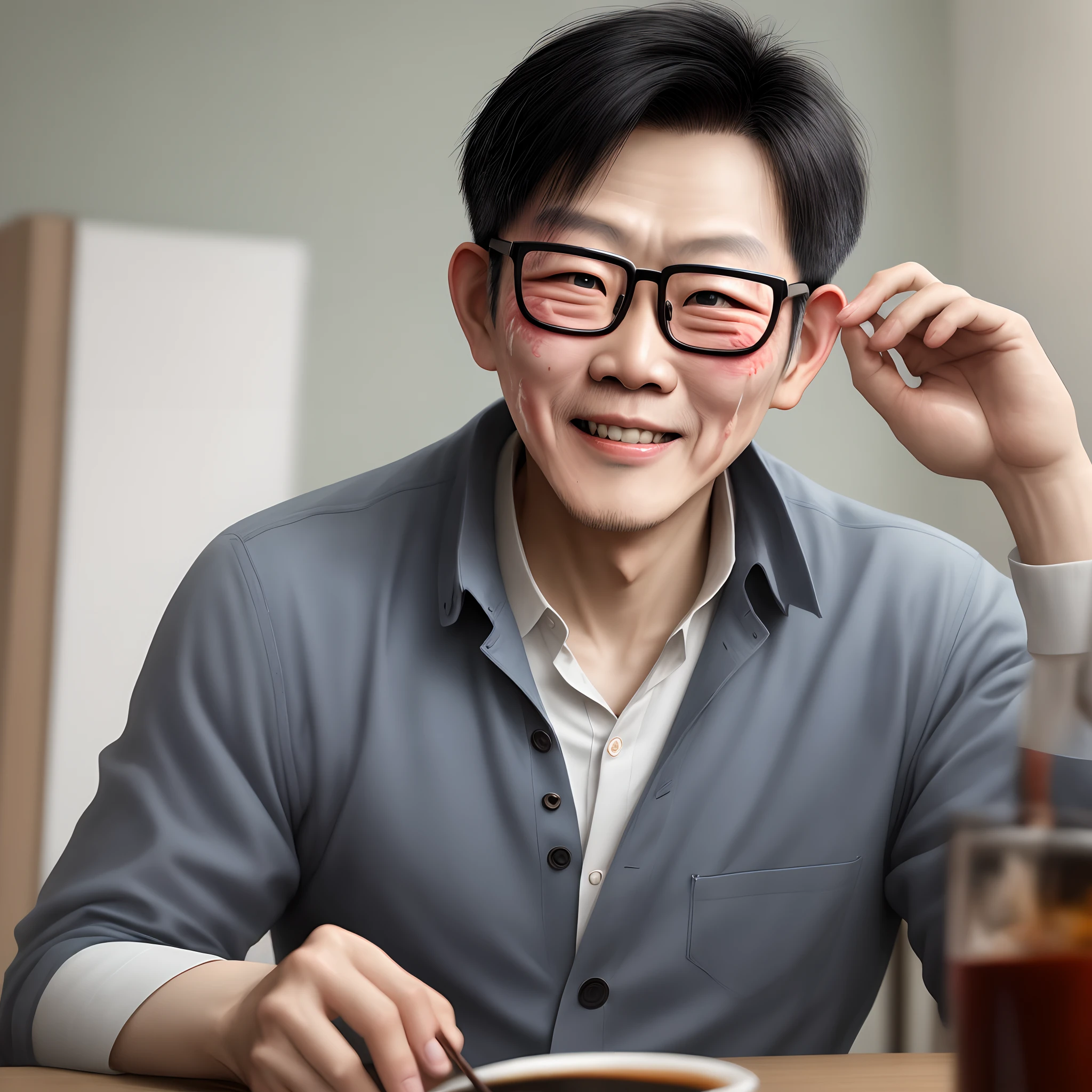 Asian bespectacled uncle with burnt skin。