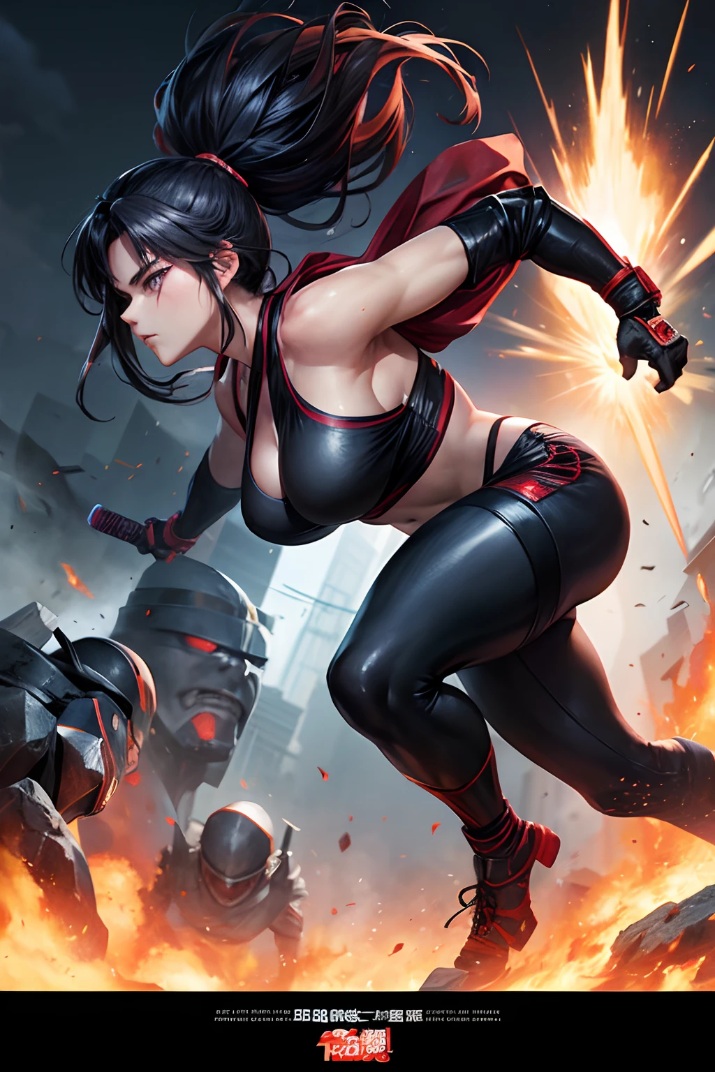 In the style of a ninja movie poster、Movie Title、A kunoichi who breaks through the wall with a furious dash and runs through it