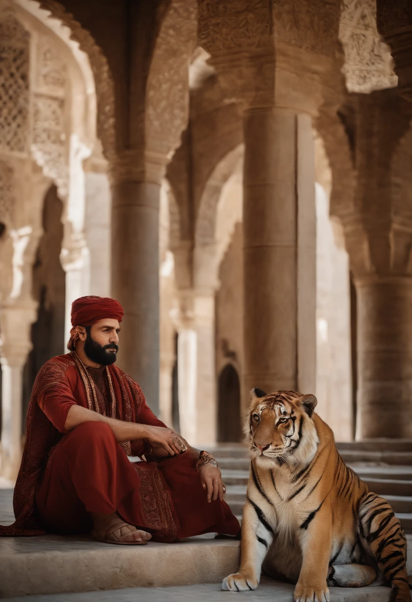 Highly Detailed Landscape Photography of A freshed well groomed realistic man, wearing Islamic modern outwear and holding a rope of his pet Tiger which in sitting on his lest, colored(white and golden) (hight:tall) (male on his 30’s)) mesmerizing male figure (extremely visible), at Al-Asqa Mashjid which is located in Palestine, Islamic calligraphy and heavenly decorated, gold plated Dome,  having heart to heart conversation toward his/her Lord, expecting redemption, spiritual vibe, Raw, Realistic, Motion Picture, Cinematic, HDR,  (realistic:1.3), finely detailed, quality, (masterpiece:1.2), (photorealistic:1.2), (best quality), extremely detailed skin, (intricate details), panoramic, dramatic, marble water fountain, photo-realistic portrayal, photographic masterpiece, nature lighting [: entire entrance HDR ], Middle Age Era Design in current modern timeline, establishing peace, illuminaty, secret society, Sun Ray reflected crystal clear marble floor, stoned artifacts of Islamic art, Masterpiece, Depressing but bring  surrounding, Metalcore, film grain, Sony A7, 35mm, ((photorealistic):1.1), (raw, 8k:1.2), dark, muted colors, slate atmosphere, RAW candid cinema, 16mm, 33mm, color graded portra 400 film, remarkable color, ultra-realistic, textured skin, extraordinary detailed pupils, realistic dull skin noise, visible skin detail, skin fuzz, dry skin, shot with the cinematic camera, detailed skin texture, (blush:0.5), subsurface scattering, RAW, Top best quality, masterpiece, 128 fps, realistic depth, extreme detailing, ARRI ALEXA 35 Production Set (15mm Studio), 128-bit color depth, film arain. Fujifilm XT3, 80mm, 60 fps, candid shot, Hasselblad X1D, dutch angle shot, glitter flows in air, Landscape Photography, UHDR, Highres, walking with a furious but Huge Royal Bengal Tiger on Garden area of Al Asqa Mosque Complex