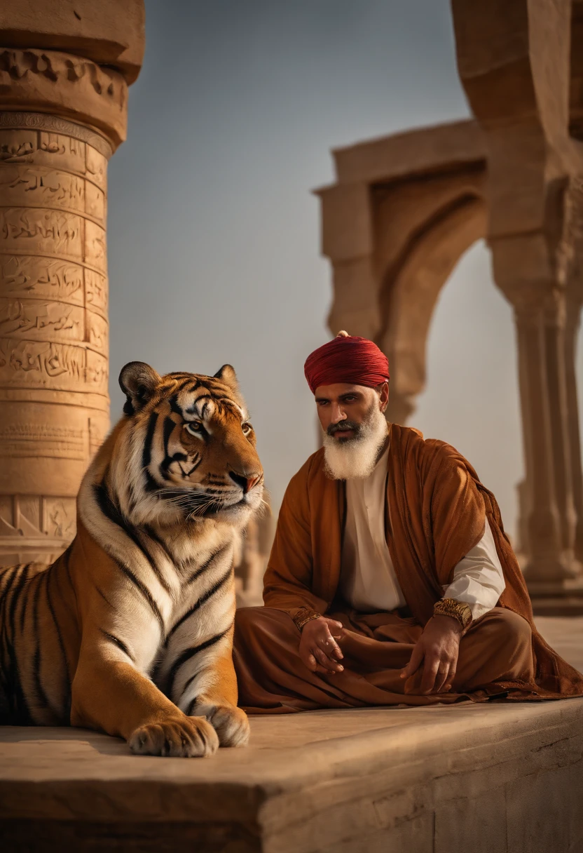 Highly Detailed Landscape Photography of A freshed well groomed realistic man, wearing Islamic modern outwear and holding a rope of his pet Tiger which in sitting on his lest, colored(white and golden) (hight:tall) (male on his 30’s)) mesmerizing male figure (extremely visible), at Al-Asqa Mashjid which is located in Palestine, Islamic calligraphy and heavenly decorated, gold plated Dome,  having heart to heart conversation toward his/her Lord, expecting redemption, spiritual vibe, Raw, Realistic, Motion Picture, Cinematic, HDR,  (realistic:1.3), finely detailed, quality, (masterpiece:1.2), (photorealistic:1.2), (best quality), extremely detailed skin, (intricate details), panoramic, dramatic, marble water fountain, photo-realistic portrayal, photographic masterpiece, nature lighting [: entire entrance HDR ], Middle Age Era Design in current modern timeline, establishing peace, illuminaty, secret society, Sun Ray reflected crystal clear marble floor, stoned artifacts of Islamic art, Masterpiece, Depressing but bring  surrounding, Metalcore, film grain, Sony A7, 35mm, ((photorealistic):1.1), (raw, 8k:1.2), dark, muted colors, slate atmosphere, RAW candid cinema, 16mm, 33mm, color graded portra 400 film, remarkable color, ultra-realistic, textured skin, extraordinary detailed pupils, realistic dull skin noise, visible skin detail, skin fuzz, dry skin, shot with the cinematic camera, detailed skin texture, (blush:0.5), subsurface scattering, RAW, Top best quality, masterpiece, 128 fps, realistic depth, extreme detailing, ARRI ALEXA 35 Production Set (15mm Studio), 128-bit color depth, film arain. Fujifilm XT3, 80mm, 60 fps, candid shot, Hasselblad X1D, dutch angle shot, glitter flows in air, Landscape Photography, UHDR, Highres, walking with a furious but Huge Royal Bengal Tiger on Garden area of Al Asqa Mosque Complex