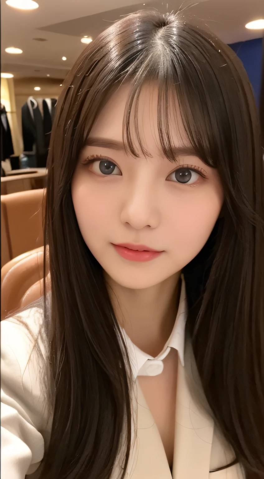 ((top-quality、8K、​masterpiece:1.5))、One girl、(Unhealthy face)、(Letter to)、Blunt bangs、(Lots of bangs:1.4)、(full body Esbian:1.4)、(Symmetrical face)、hyperdetailed face、Ultra detailed mouth、A detailed eye、Detailed ears、Slim Faces、(selfee:1.4)、(Looking Up)、(From  above)、(Straight long hair、Ahoge:1.3)、(Upper Eyes)、the background is blurred、(formal suit:1.3)、lipgloss、(casino)、(natural soft light:1.3)、