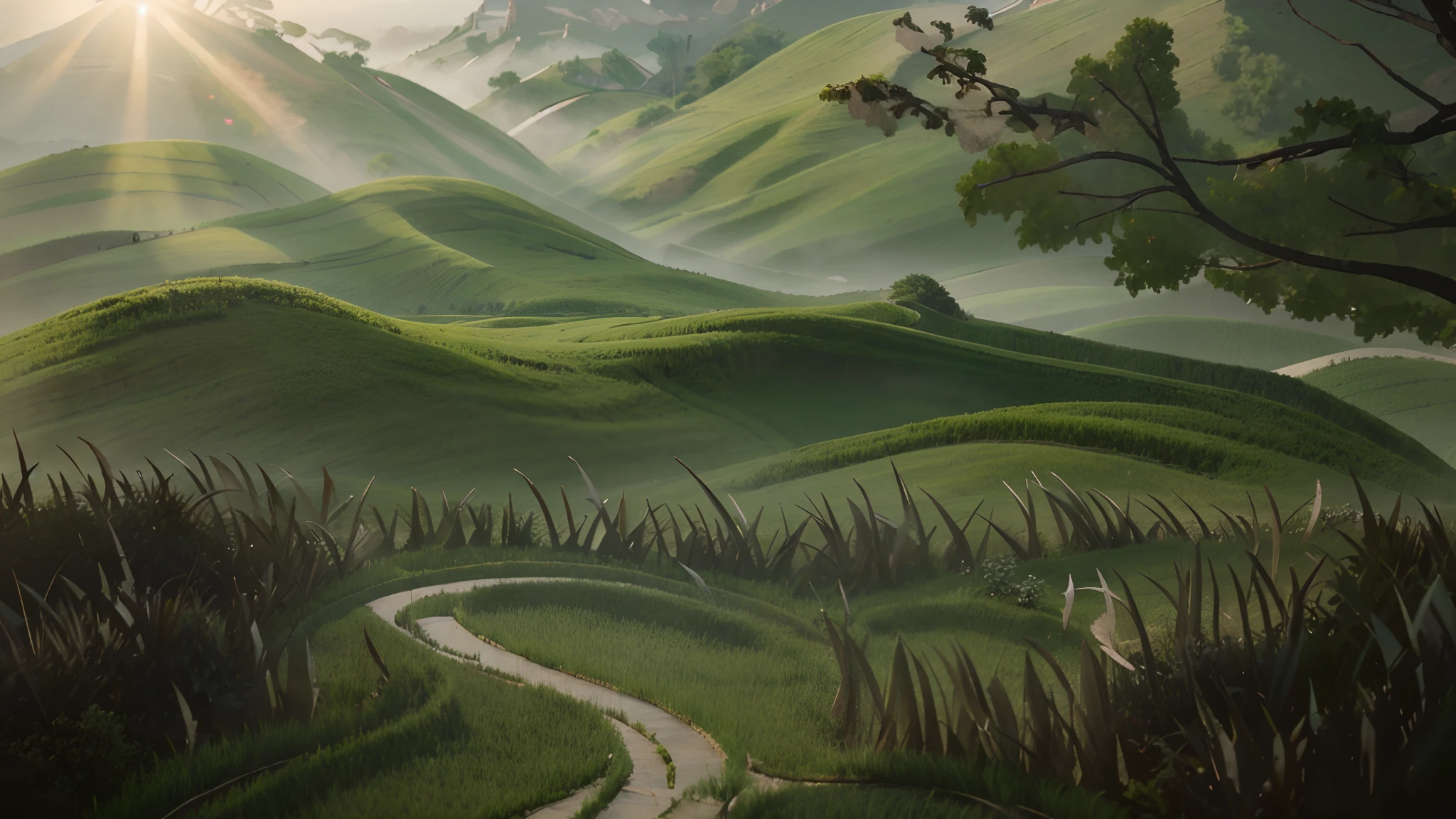 Chinese Landscape Ink Painting ground anggle Perspective OC Rendered Sculpture, green trees and green hills, morning vibes with sun, 4K