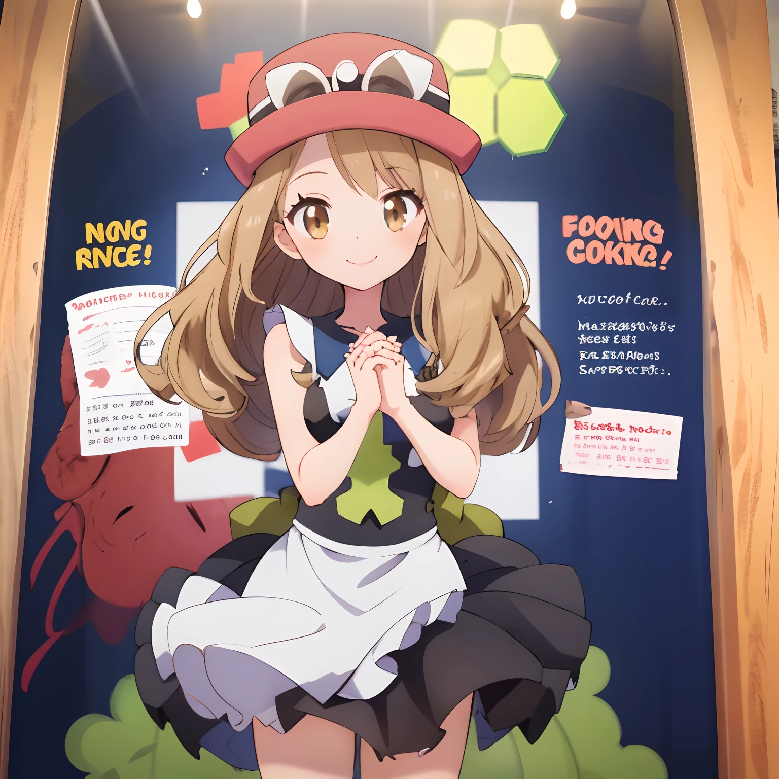 (Best Quality, Masterpiece),sexy Loli,  Front cover of a women's cooking magazine,  erotic, nsfw, 1girl, ************, stunning, cute, smile, hourglass figure, Maid costume, beautiful food, text, diagrams, advertisements, magazine title, Serena \(pokemon\), 1girl, solo, standing, cowboy shot, looking at viewer, geyes, smile, v arms, own hands together, red hat, short brown hair