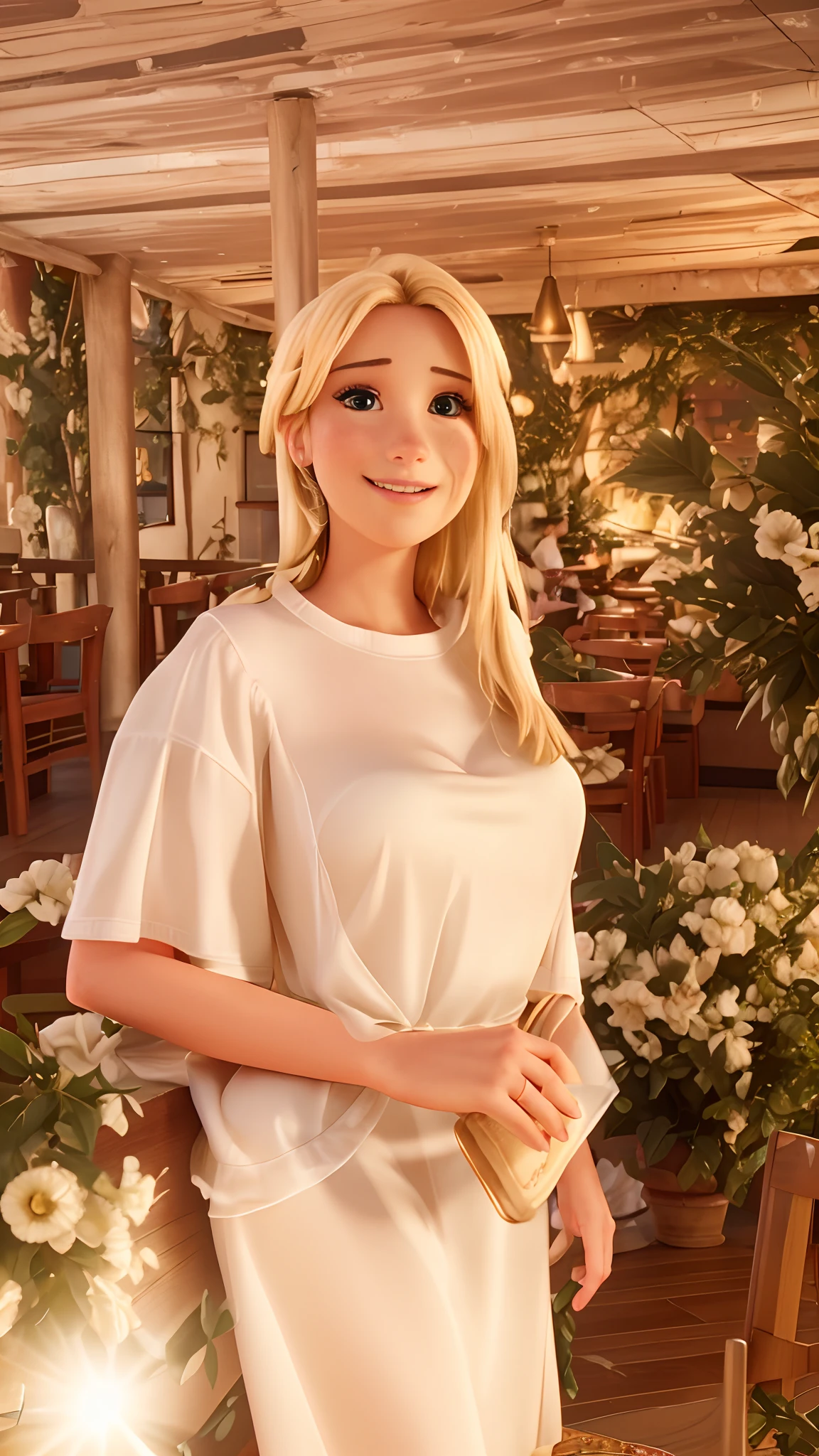 (best quality,high-res),a woman,25 years old,blonde hair,clear eyes,sitting in a pizzeria,A pizzeria as the backdrop,a commercial store,with a live music stage in the background
