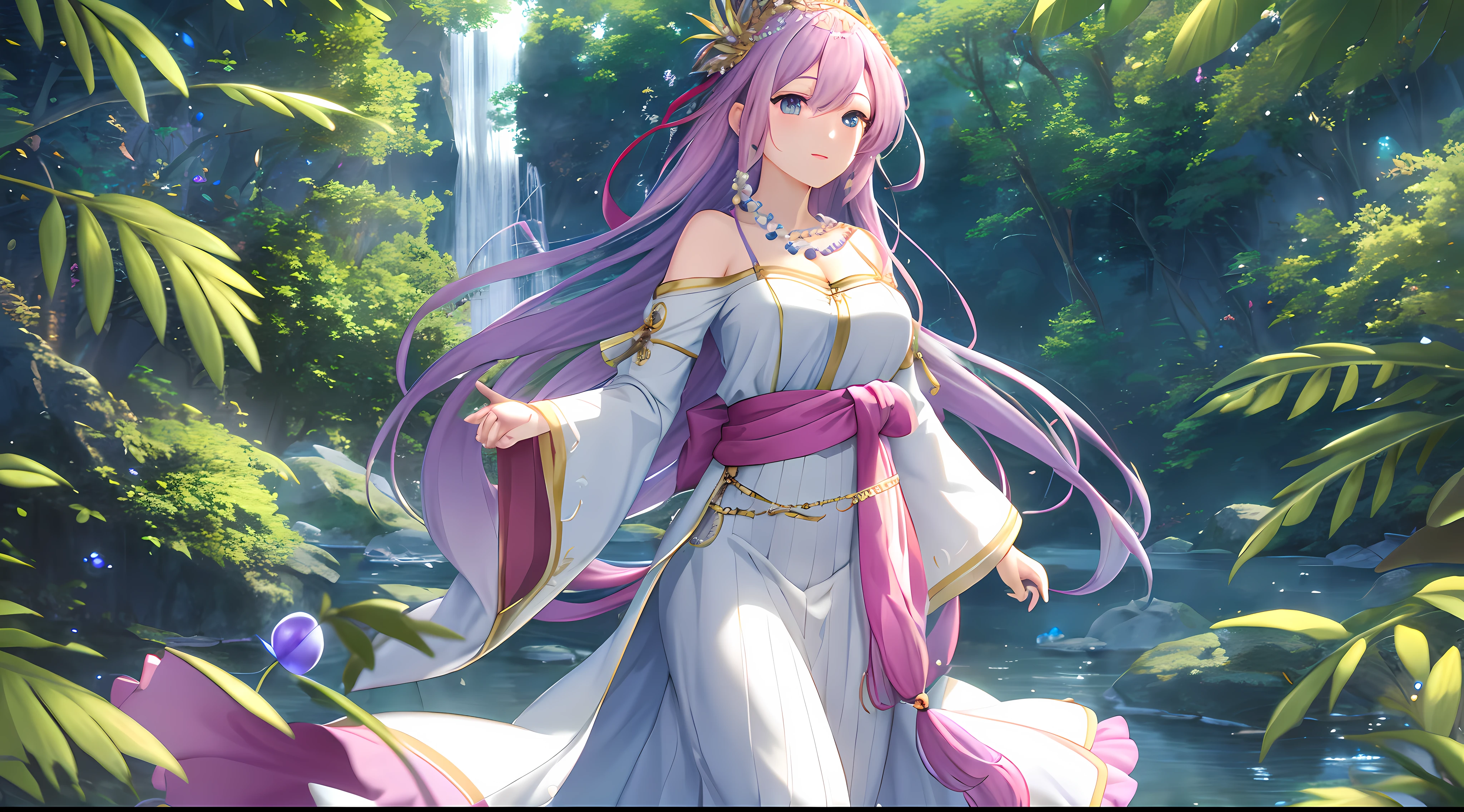 Athena with plain long light purple hair,hair between eyes,green eyes,rosy cheeks,full lips,thin eyebrows,slender body,wearing Robes adorned with pearl motifs and full long skirt,praying beads on neck,beads on neck,cute anime girl,full body,waterfall lush greenery in background,anime style,Lumen Reflections,Screen Space Reflections,Diffraction Grading,Chromatic Aberration,GB Displacement,Scan Lines,Ray Traced,Anti-Aliasing,FXAA,TXAA,RTX,SSAO,Shaders,OpenGL-Shaders, GLSL-Shaders,Post Processing,Post-Production,cell Shading,Tone Mapping,CGI,VFX,SFX,insanely detailed and intricate, 4K,standing, solo, masterpiece, best quality, detailed face, detailed eyes, highres, standing, solo,masterpiece, best quality