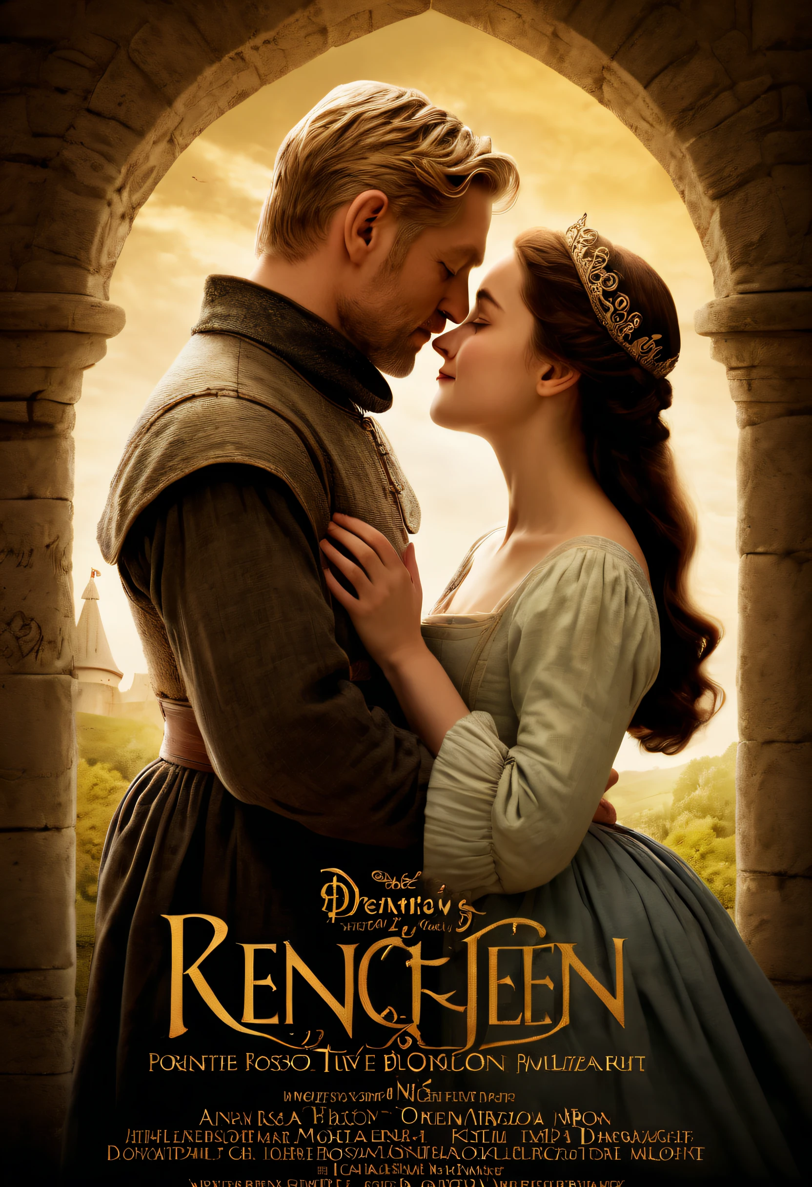 Indulge in a timeless love story with this captivating movie poster for a romantic medieval tale, where a humble peasant boy and a princess defy social barriers for a forbidden love. The composition captures the passion and longing between the two characters, with their faces illuminated by the soft glow of moonlight. The use of elegant typography and delicate ornamentation adds a touch of sophistication and nostalgia to the poster, evoking the enchantment of a bygone era. Directed by renowned filmmaker Kenneth Branagh,text:2,