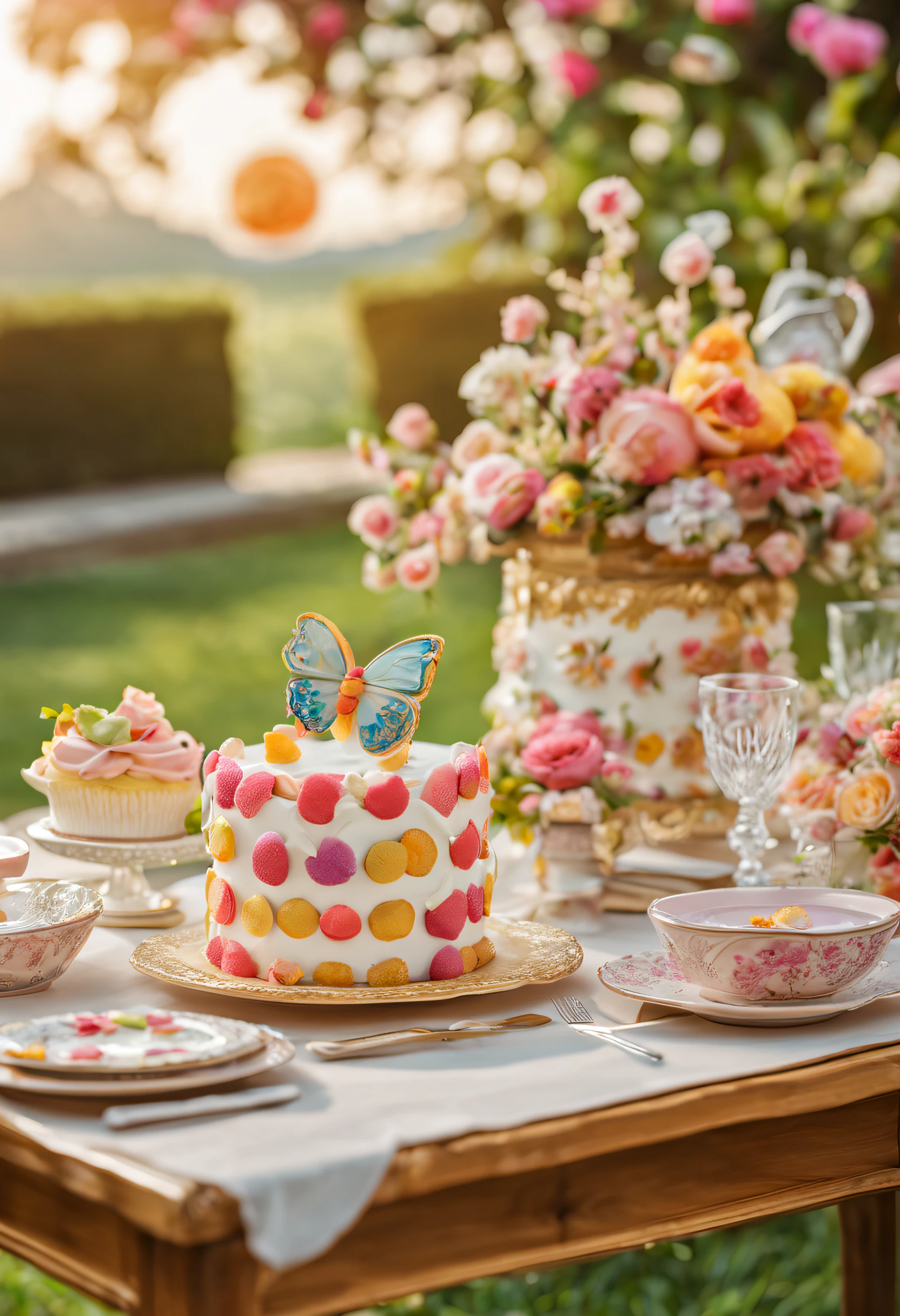 In a sunny garden, a long table is beautifully set with a splendid birthday cake. The cake has five layers, each adorned with exquisite frosting flowers and dazzling candy sculptures. Sunlight streams through the cracks of the leaves, casting a colorful play of light and shadow on the cake. The table is adorned with delicate porcelain plates and silver cutlery, while blooming flowers and butterflies surround it. In the distance, the lake glistens with gentle ripples, mirroring the entire scene, creating a serene and cozy atmosphere.
(best quality,4k,8k,highres,masterpiece:1.2),ultra-detailed,(realistic,photorealistic,photo-realistic:1.37),colorful,life-like,sparkling,meticulously crafted,delicate,gorgeous,fantastically decorated,elaborate,brilliantly colorful,breathtakingly beautiful,exquisite,sunlit,cheerful,glimmering,joyful,sumptuous,eye-catching,magical,whimsical,delightful,harmonious,peaceful,tranquil,lush,serene
landscape,still life,celebration,birthday party,baking,cake decor,festivity,party preparation,table setting,floral arrangement,summer garden,scenic beauty,garden party,festive atmosphere,harmonious composition,celebration of life,joyful ambience,dazzling display,multilayered cake,colorful decoration,ornate details,refined aesthetics,meticulous craftsmanship,glamorous event,exquisite tableware,sunlit garden,
freshly baked,candy sculptures,sugar frosting flowers,cake tiers,sunlit table,porcelain plates,silverware,flower embellishments,butterfly ornaments,crystal-clear lake,reflection,tranquil ambiance,serene atmosphere,harmonious colors,sparkling light,elegant,spacious,inviting,celebratory,majestic,vibrant,unforgettable,memorable )