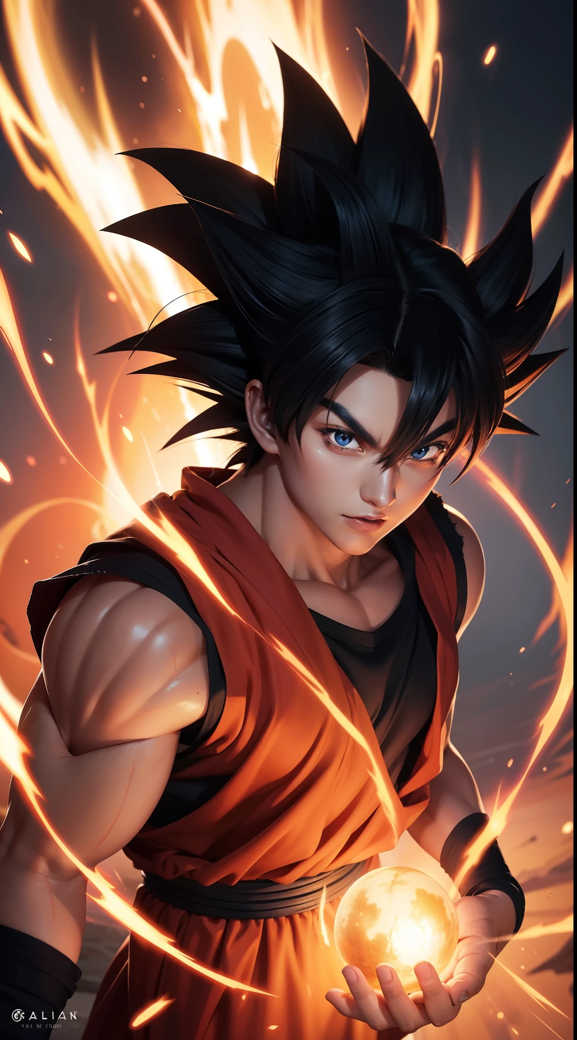 Get ready for a visual feast with the titan God Goku who has a handsome face and beautiful red eyes. Upper body without accessories. In his transformed state, he radiates extreme instinct and power, creating an epic anime about this man of energy. See how he manipulates fire and lava in stunning anime artwork that will blow your mind. This concept art is straight from the Dragon Ball Universe, with manga-style 8k wallpapers that will transport you to another dimension. Get ready to be amazed by this detailed piece of digital anime art, showcasing the ultimate combination of style and power.