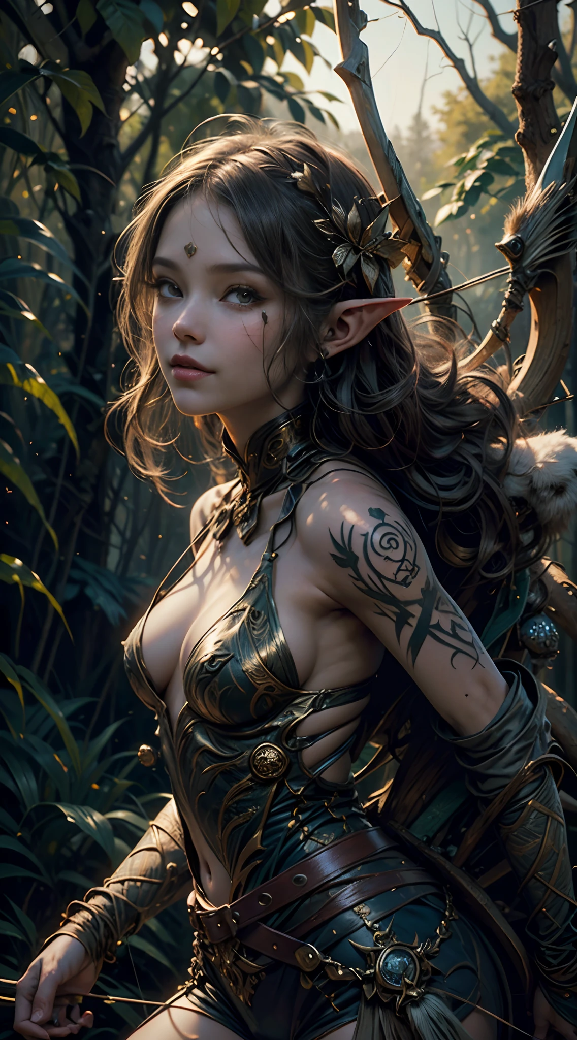 ((Elf Hunters), Wild-elf, Strong, toned tattooed body, silky hair), (hunting, bow and arrow), (wild, tight body, agile, hunting posture)), (deep night forest), (hunting))) detailed, soft focus, brown body, marking on face, tribe women, Hunter, Night Hunting, Sneaking, focused on hunting , award-winning oil painting, photorealistic oil painting, by charlie bowater, fine details, by wlop, trending on artstation, very detailed, natural beauty, dynamic pose, smiling, ((looking at camera)).
