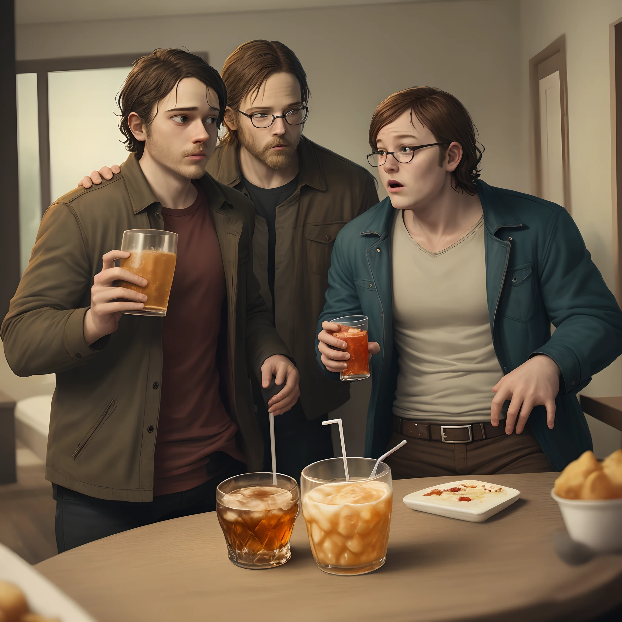 Carl from the walking dead drinking lean with Peter griffin e holding wepons and having a deep conversation