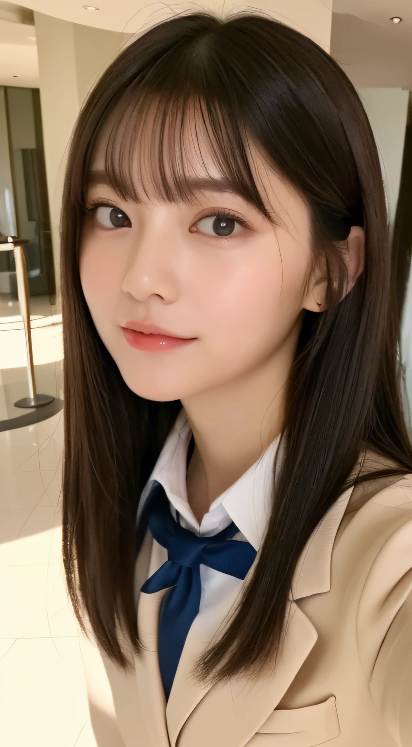((top-quality、8K、masterpiece:1.5))、One girl、(Unhealthy face)、(Letter to)、Blunt bangs、(Lots of bangs:1.4)、(full body Esbian:1.4)、(Symmetrical face)、hyperdetailed face、Ultra detailed mouth、A detailed eye、Detailed ears、Slim Faces、(selfee:1.4)、(Looking Up)、(From above)、(Straight long hair、Ahoge:1.3)、(Upper Eyes)、the background is blurred、(formal suit、skirt by the、neck tie:1.3)、lipgloss、(hotel entrance)、(natural soft light:1.3)、(the chest is medium)、