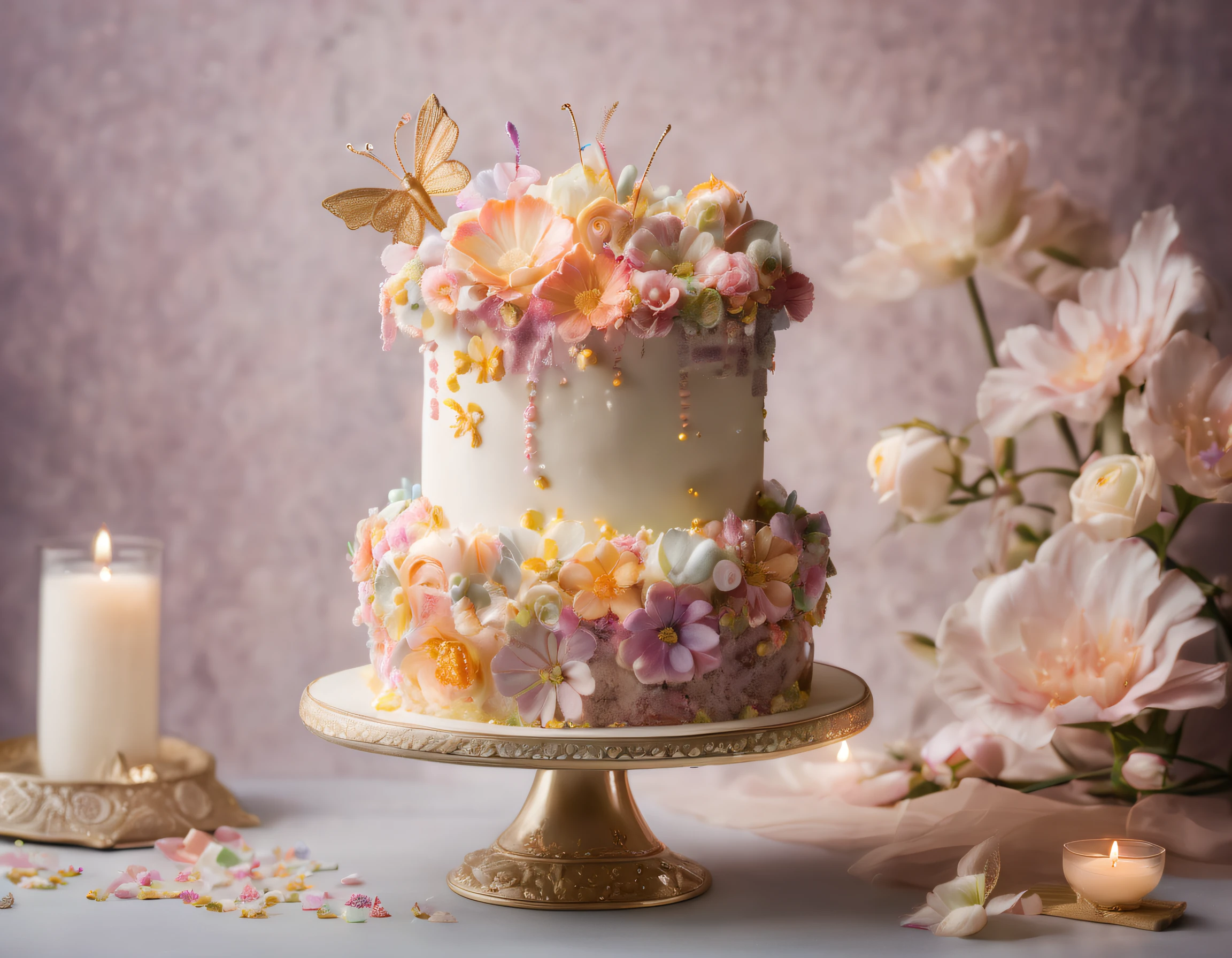 Food Photography of a whimsical birthday cake that is a true feast for the eyes. The cake is a masterpiece of confectionery art, featuring layers of moist cake, frosted with smooth buttercream and adorned with edible pearls and delicate sugar flowers. In the background, a trio of playful sugar fairies dances around the cake, adding a touch of magic to the scene. The photograph is captured from a low angle, highlighting the cake's grandeur. The lighting is soft and warm, enhancing the cake's vibrant colors. This enchanting image was captured by Brooke Shaden, known for her ethereal and dreamlike photography. It invites viewers into a world of wonder and delight