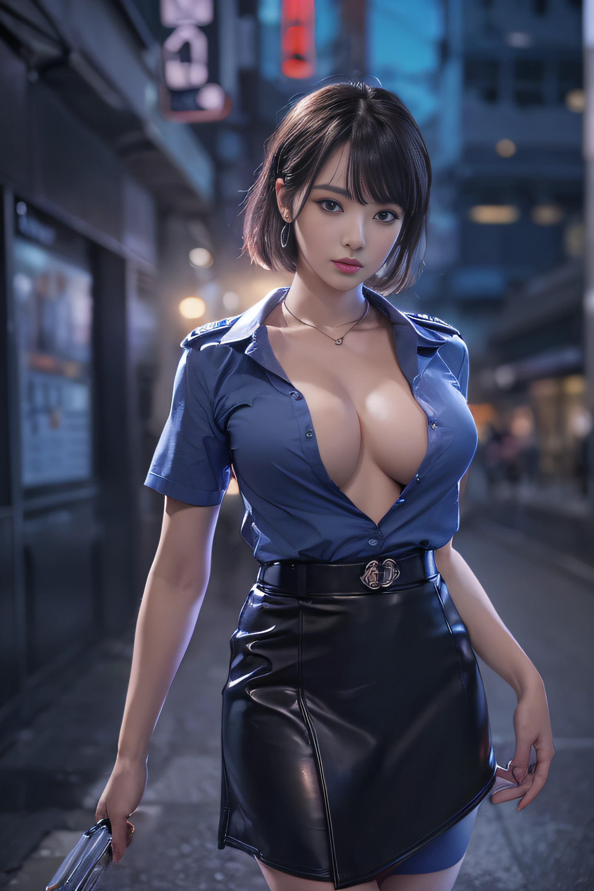 1womanl、(Super beautiful)、(beauitful face:1.5)、(A detailed face:1.5)、Clear pubic contours、(with spreading legs)、(Dark blue mini skirt:1.1)、(police uniform with:1.4)、(Bare legs)、(Wear black shoes:1.1)、(city street at night)、(At SFW:1.1)