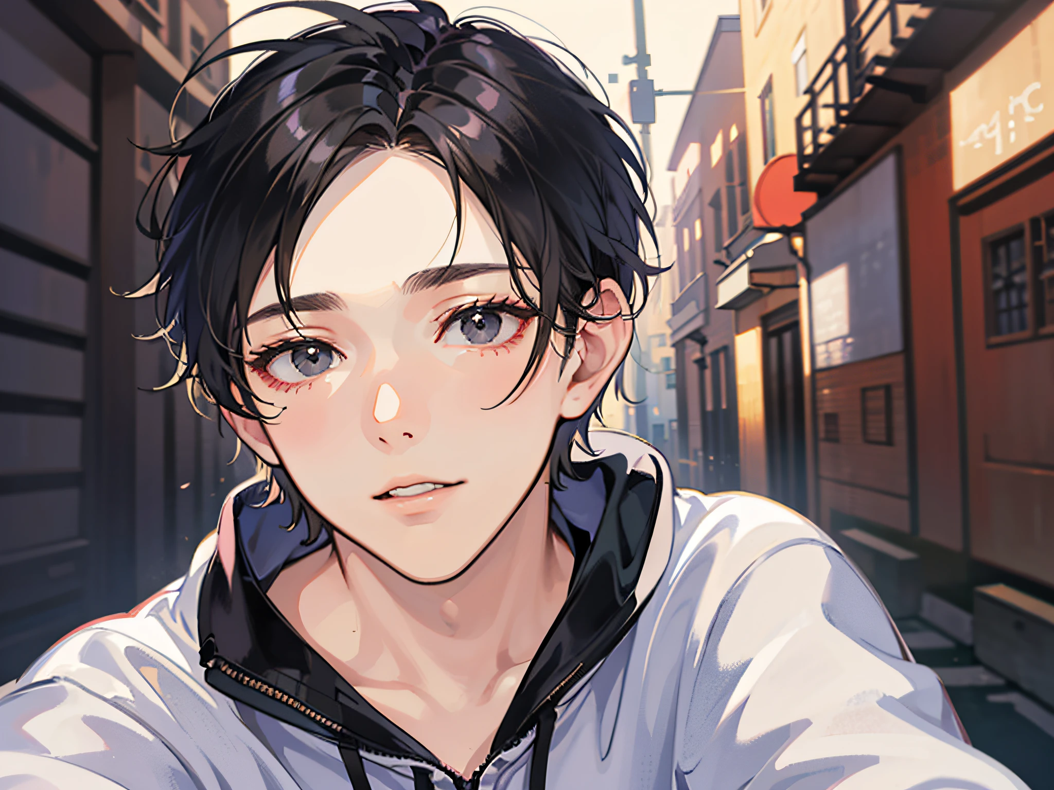 masutepiece, Detailed picture,Single male,late 20s age, The upper part of the body, A dark-haired, Black eyes, gloom, Reach out to the viewer,Dynamic Angle,Wearing a sweatshirt,Reviewer is watching, background is back alley