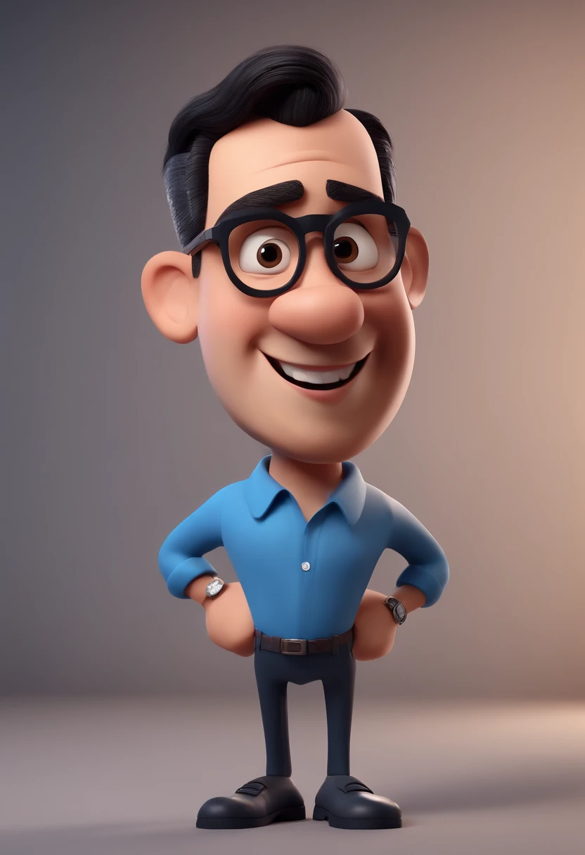 Cartoon character of a man with black glasses and a blue shirt, animation character, Caractere estilizado, animation style rendering, 3D estilizado, Arnold Maya render, 3 d render stylized, toon render keyshot, Personagem 3D, Personagem 3D, 3d rendering stylized, 3 d character render, personagem de desenho animado, Personagem de close up, Pose de personagem,  (Estilo Pixar) (master part:1.2) (Bokeh) (best quality) (pele detalhada) (textura detalhada) (8k) (argila) (Cinematic lighting) (foco nítido