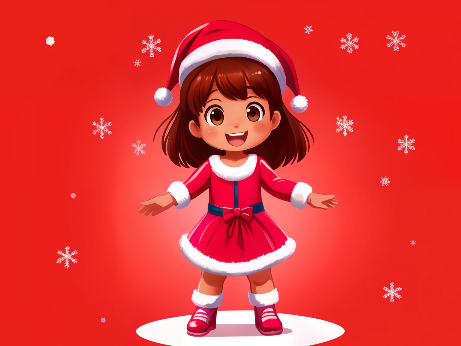 Front image of a 5 girl, standing, happy, with brown hair, brown eyes, rosy cheeks, open arms, legs apart, clean background, Christmas outfit, pink gloves, pink shoes, pink hat, children's illustration style 2D.