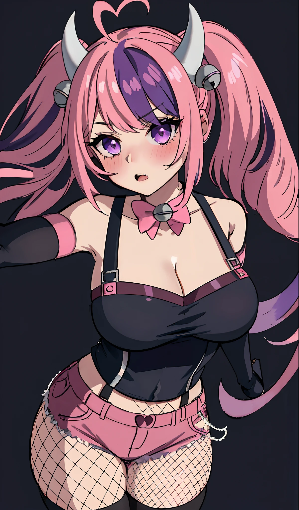 (()), ironmouse,1girl, mature female,horns, virtual vtuber, purple hair, multicolored hair, twintails, pink hair, demon girl, ahoge, bell, blush, purple eyes, bangs, large breasts, fingerless gloves, demon tail, cleavage, elbow gloves, heart ahoge, fishnet pantyhose, bow, pink bow, short shorts, pink shorts, black shirt, upper teeth, bell, hair ornament,, (masterpiece:1.0), (best quality:1.0), (8k wallpaper:1.0), extremely delicate and beautiful, (beautiful detailed face:1.0), (detailed deep eyes), symmetrical breasts, deep eyes