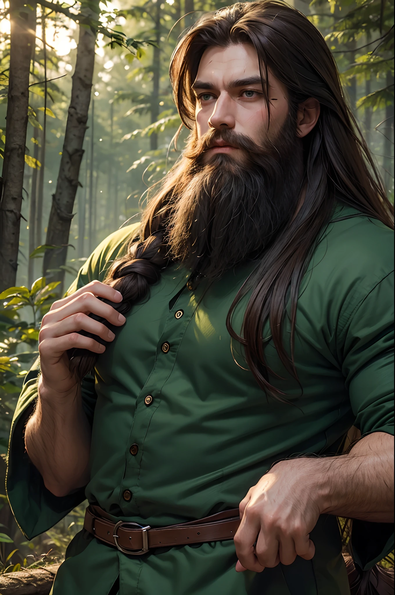 Giant Man, long hairs, long beard, handsome, muscular, green clothes, tired, hungry sweaty, in the woods, at night , close up, portrait