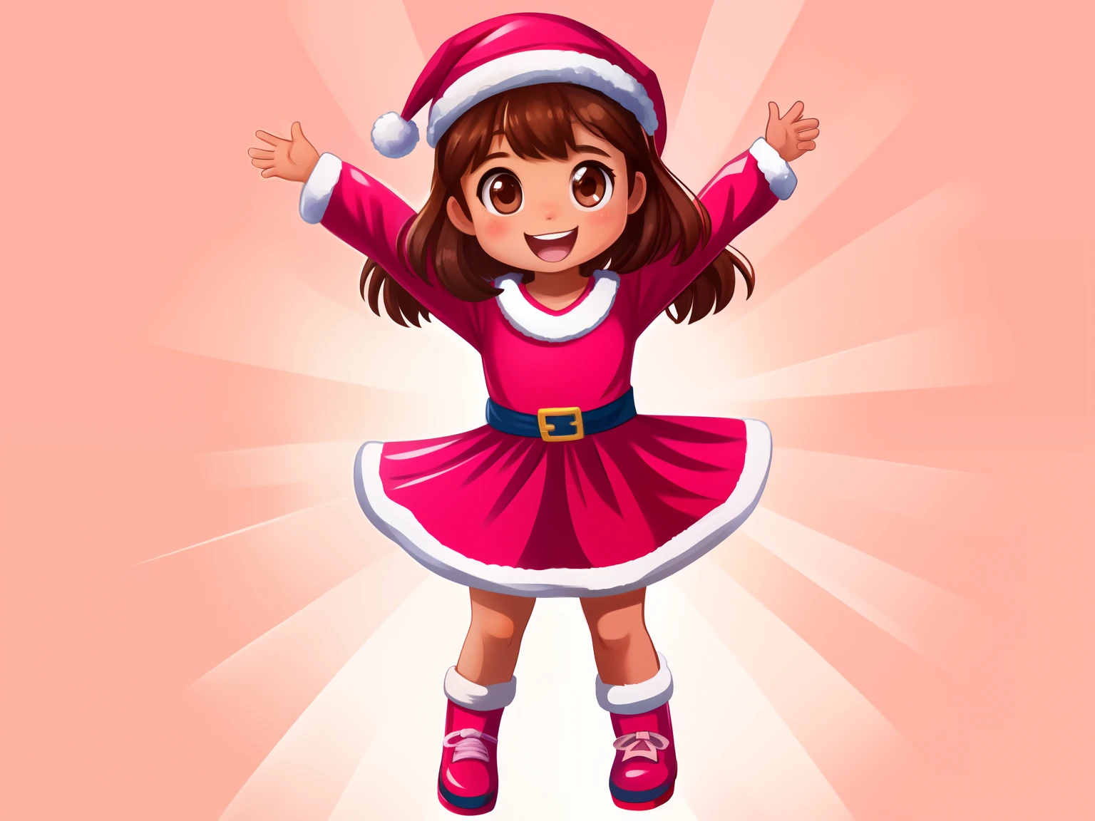 Front image of a 5  girl, standing, happy, with brown hair, brown eyes, rosy cheeks, open arms, legs apart, clean background, Christmas outfit, pink gloves, pink shoes, pink hat, children's illustration style 2D.