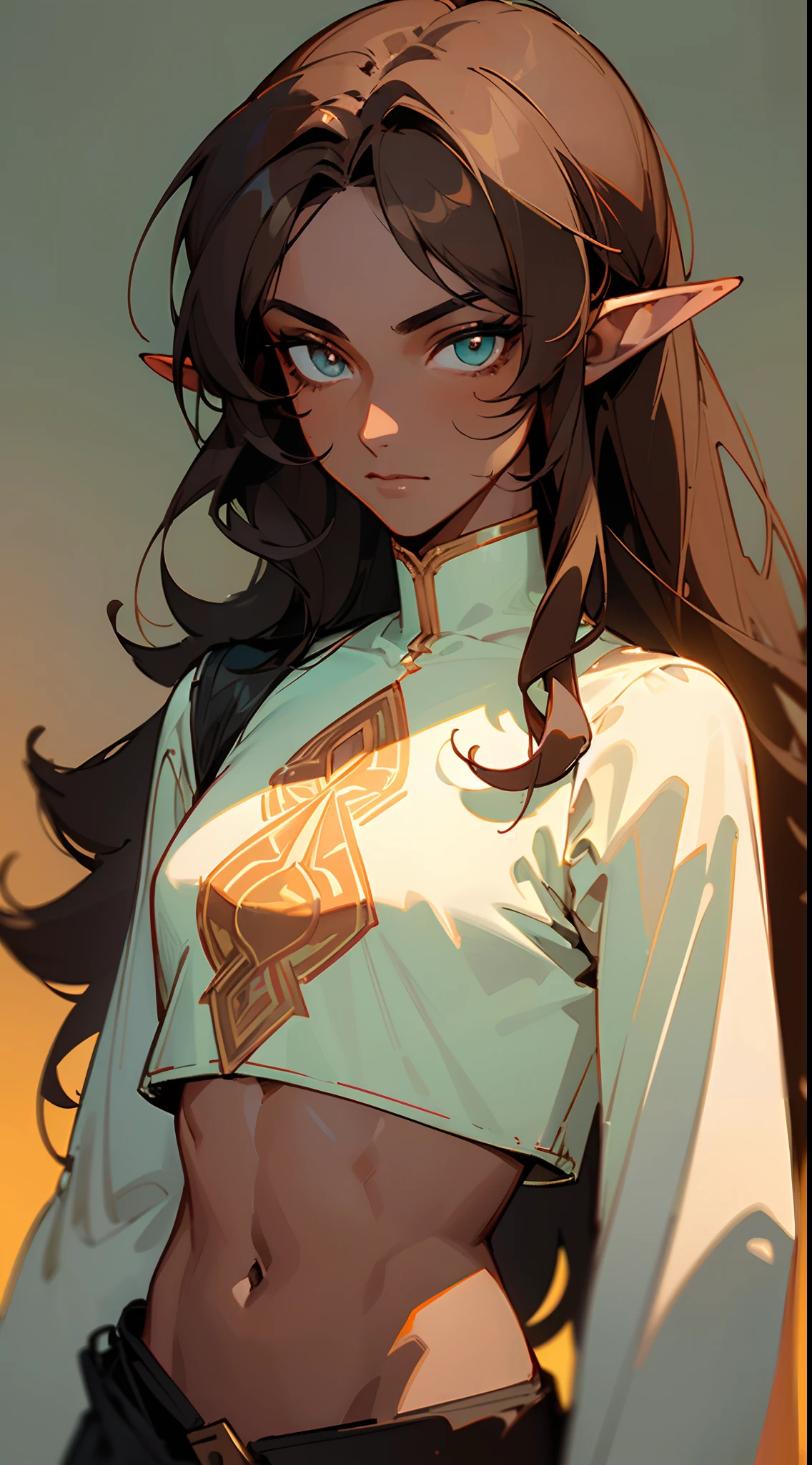 ((Beautiful man:1)) , ((Dark skin:1.5)) , ((long hair)) , ((brown hair)) , ((male:1.4)) , full lips , green eyes , voluminous hair,((has elf ears:1)), ((Skinny build)) ,effeminate , ((has a center part in hair:1)), full long eyelashes,((straight hair:1.3)) , ((crop top:1.2)), hair in a ponytail, Bishounen, possess delicate and androgynous features, age 33
(masterpiece, best quality:1.3),beautiful detailed glow,best illuminate,(((best quality,textile shading,ultra detailed))),extremely detailed CG unity 8k wallpaper,Highly Detailed beautiful and aesthetic,best light,high resolution,detailed,dynamic lighting , 1Character , pastel washed out colors , cell shade , soft, muted shades ,gentle colors ,
Wearing an orange turtle neck , close up head shot , fall colors , orange brown and leaves in the background, background blur, fall scene,
