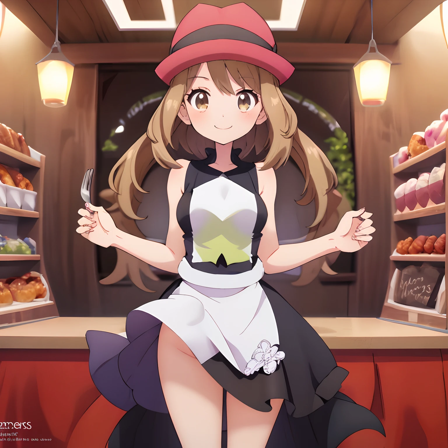 (Best Quality, Masterpiece),sexy Loli,  Front cover of a women's cooking magazine,  erotic, nsfw, 1girl, 16 years old, stunning, cute, smile, hourglass figure, Maid costume, beautiful food, text, diagrams, advertisements, magazine title, Serena \(pokemon\), 1girl, solo, standing, cowboy shot, looking at viewer, geyes, smile, v arms, own hands together, red hat, short brown hair